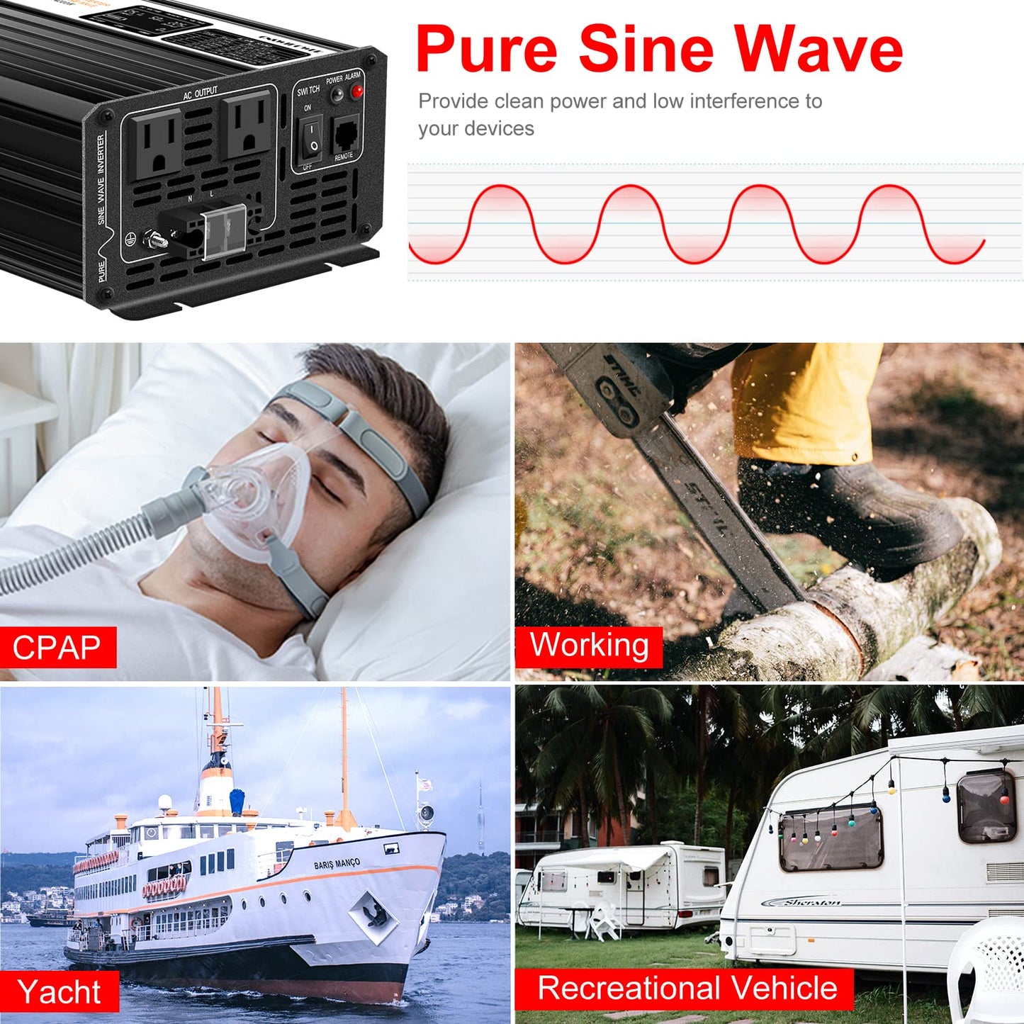 Xijia 2000W Pure Sine Wave Inverter,12V to 120V AC Converter for Home,Solar Systems,Remote and Bluetooth Control for Truck,Camping,with 2 AC Socket,Surge Power 4000W