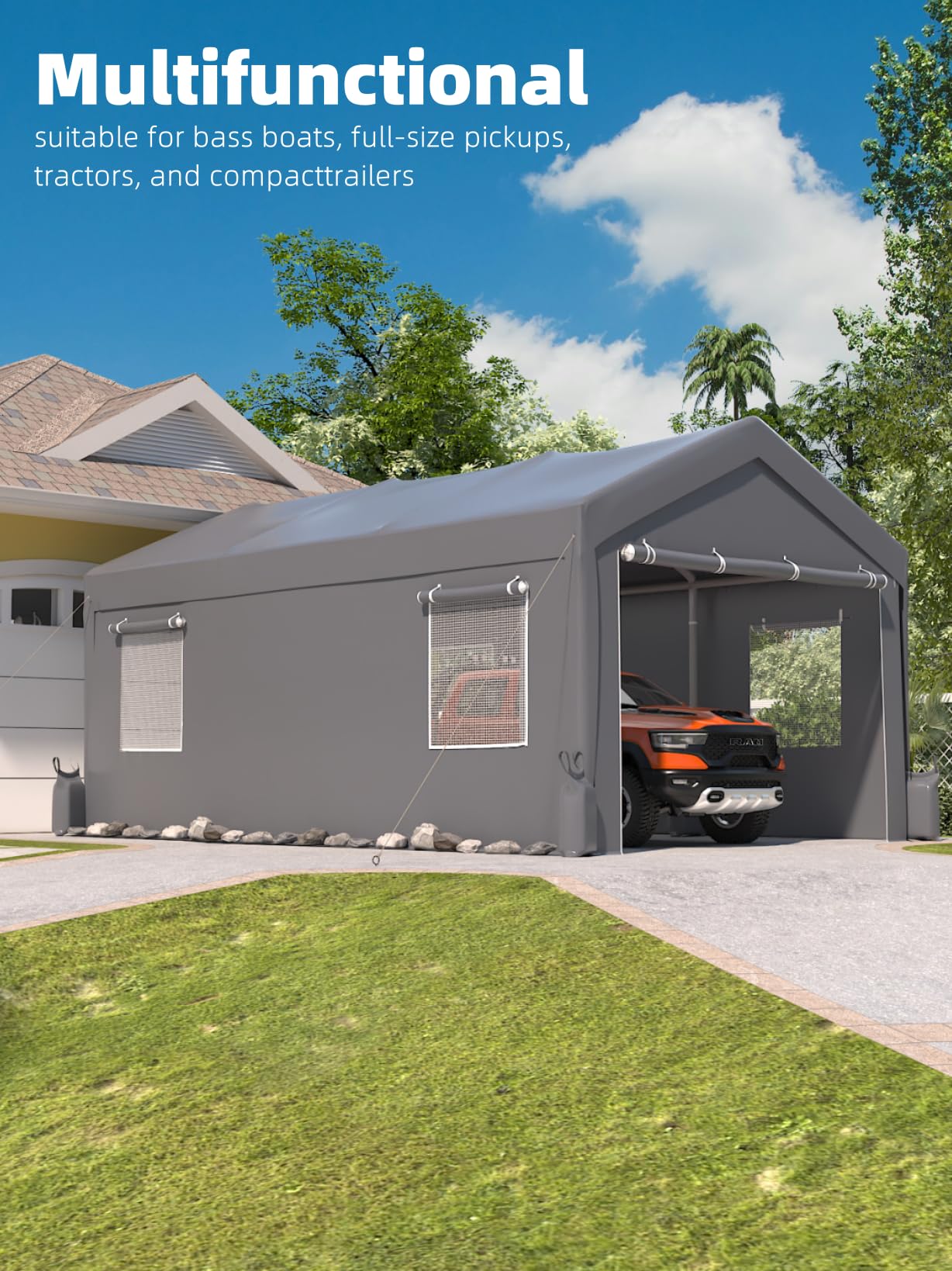 Hipicute 20x10x11 Ft Heavy-Duty Portable Garage with Canopy Top, Front and Back Doors, Roll-Up Windows, Carport Reinforced Structure for Cars, Trucks, Boats, and Parties - Gray