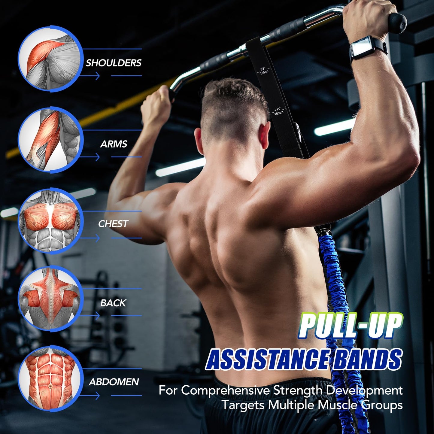 ALongSong Pull Up Assistance Bands with Foot Support Pedal - Upgraded Heavy Duty Resistance Bands Adjustable Weight/Height with 4x80Lbs Bands&Measured Strap for Strength Training Home Gym Core Workout
