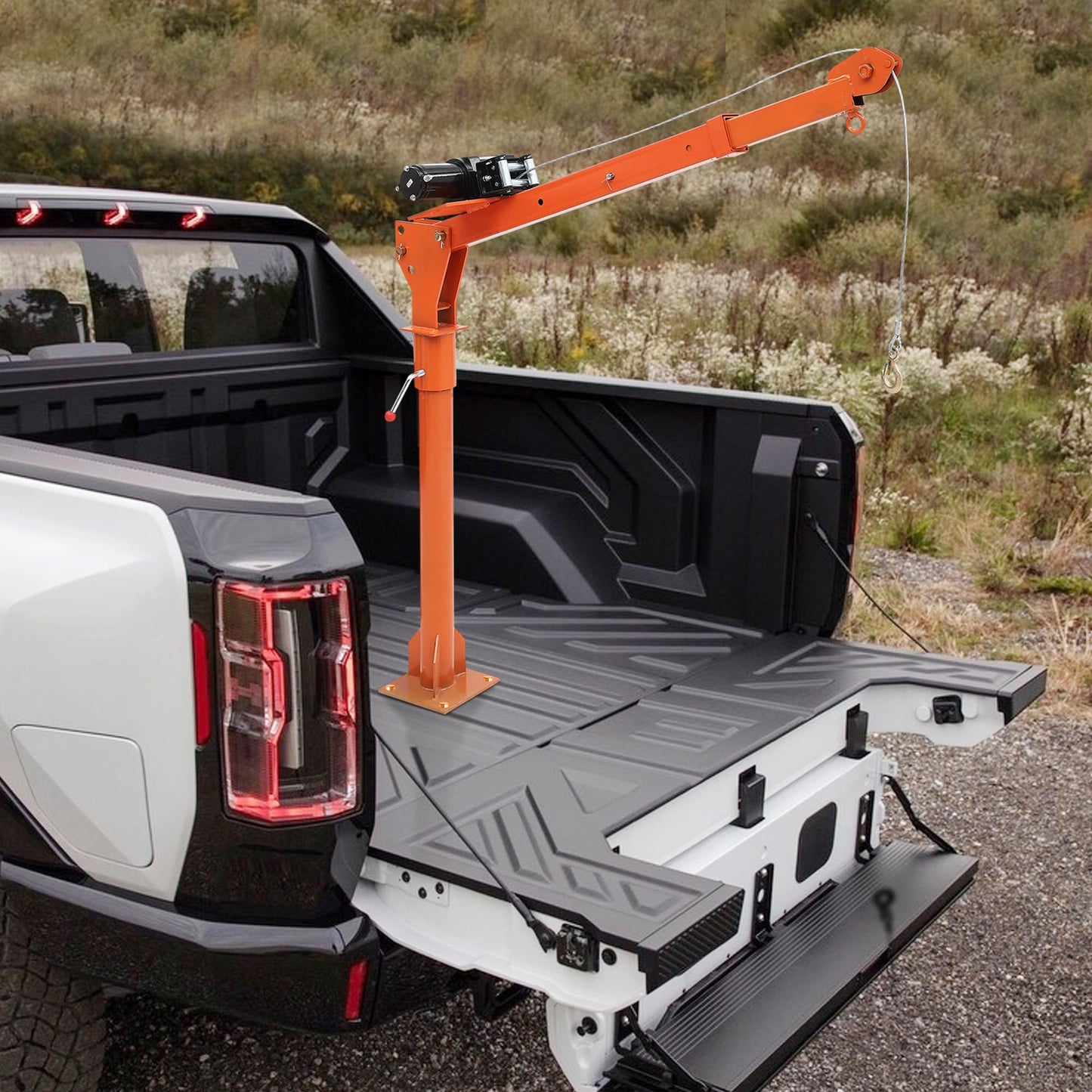 Hydraulic Pickup Truck Crane, 1000 lbs Capacity, 360°Swivel, Hitch Mounted Crane with 3 Adjustable Capacities of 500 Lbs, 750 Lbs and 1000 Lbs for Lifting Goods in Construction, Industry(Orange)