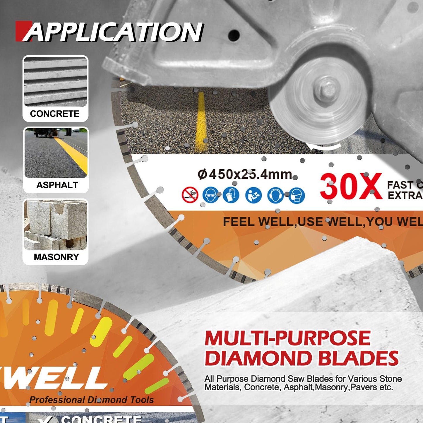 FEWELL 18" Concrete Diamond Saw Blade,Asphalt Diamond Blade Multi-Purpose for Cutting Hard Reinforced Concrete Asphalt Masonry Stone Terrazzo, Laser-Welded Segmented, 1"-20mm Bore