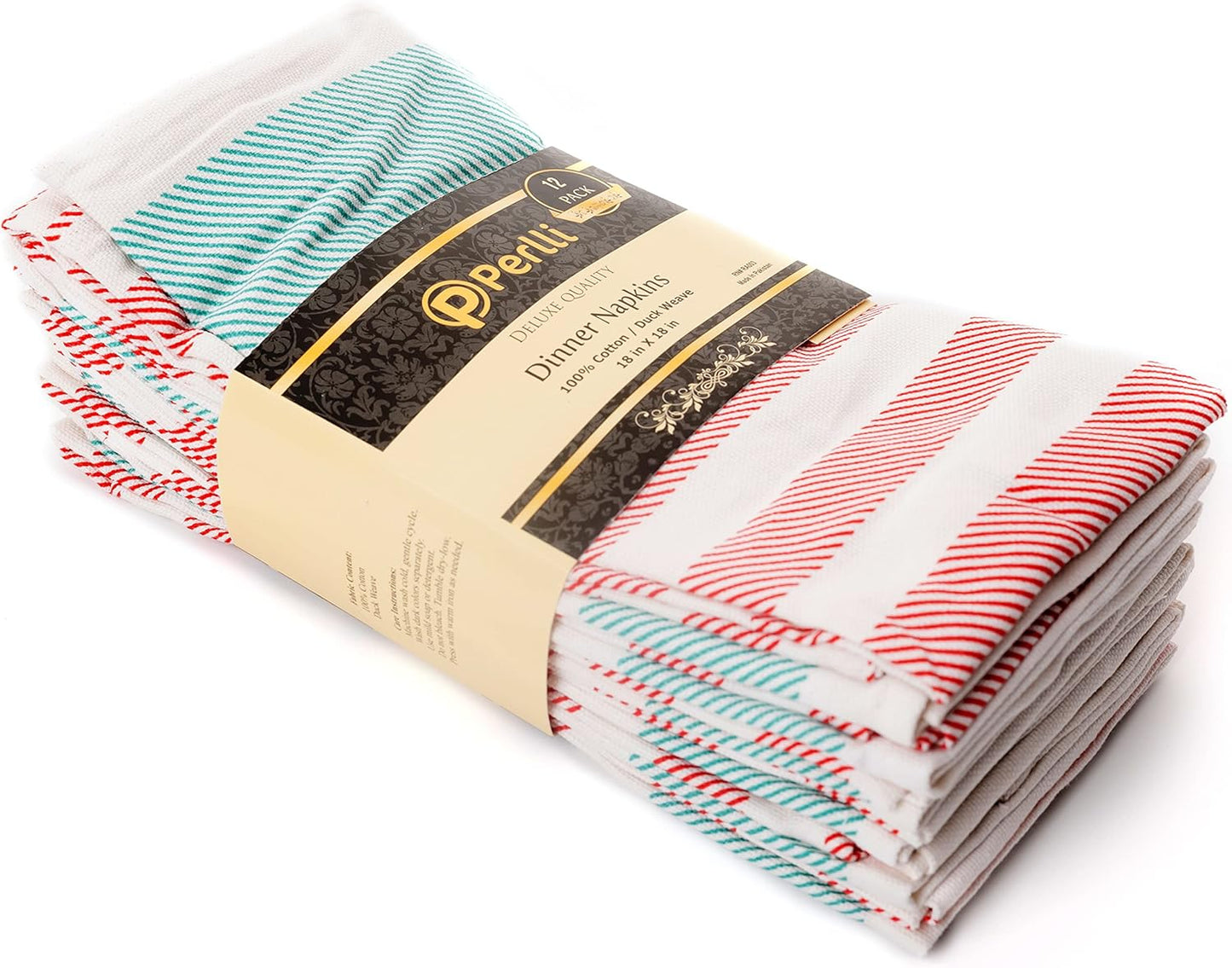 PERLLI Christmas Kitchen Cloth Napkins - 12 Pack 18x18 Inches | 100% Cotton, Washable & Reusable in Red, White, Green