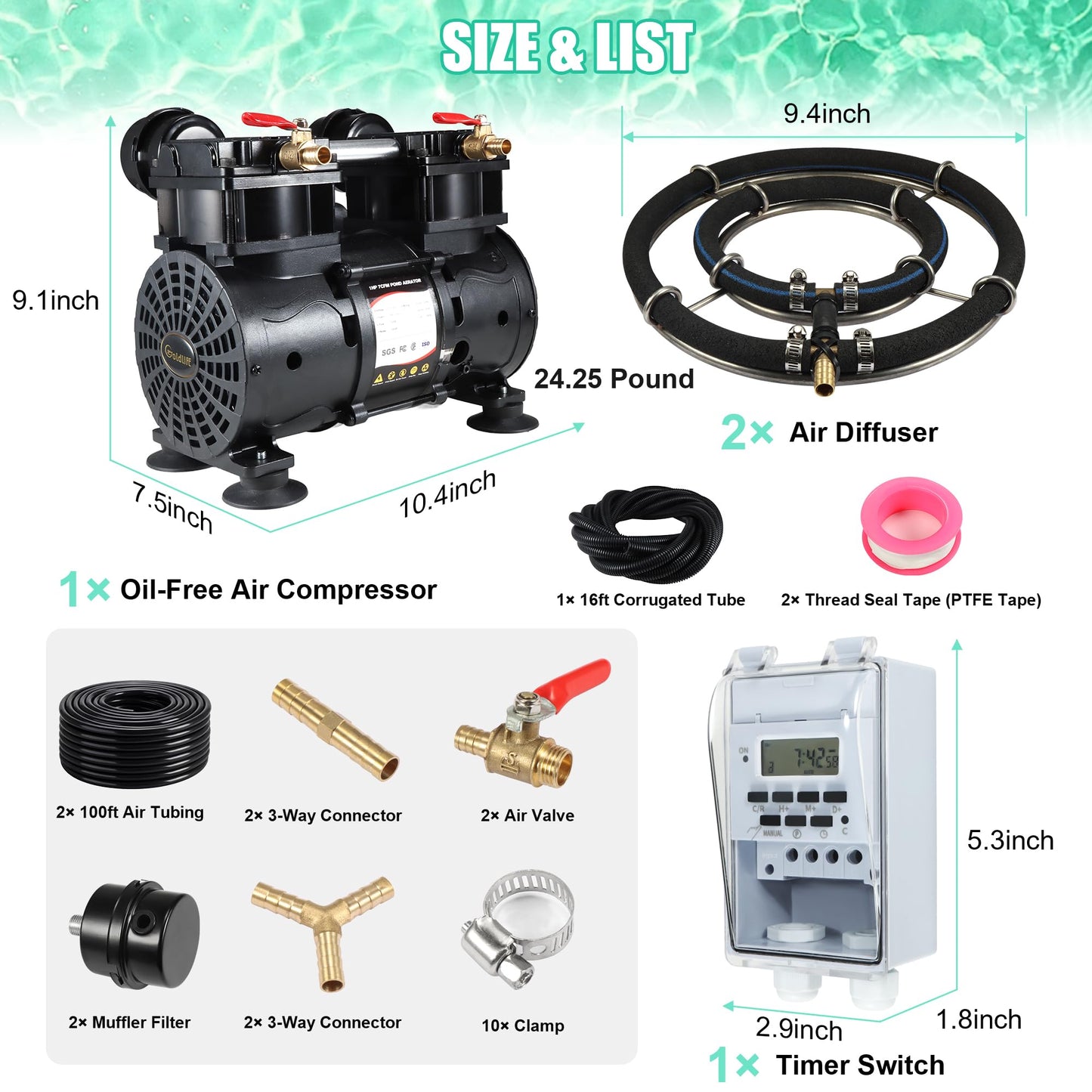 Goldlife A2 Pond Aerator, 7CFM Pond Aeration System for Up to 5 Acre Lake,110V/120V 1HP 750W Compressor & 2 Self-sinking Hoses 100FT & 2 Diffusers & Timer & 16FT Tube, Air Pump for Water Circulation