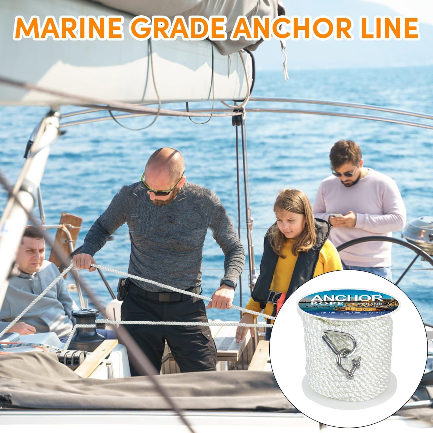 Anchor Rope 100 ft X 1/2 inch, 3-Strand Twisted Nylon Anchor Line, Boat Rope with Stainless Steel Thimble and Shackle for Boating, Anchoring, Mooring,Pulling (White)