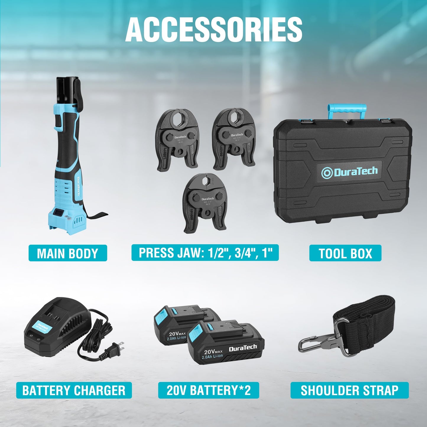 DURATECH 20V Brushless Copper Pipe Crimping Tool, 24KN Electric Press Tool with 1/2", 3/4", 1" VUS Jaws, LED Display, Work Light, 180° Rotating Head, Cordless Battery Crimper for Plumbing