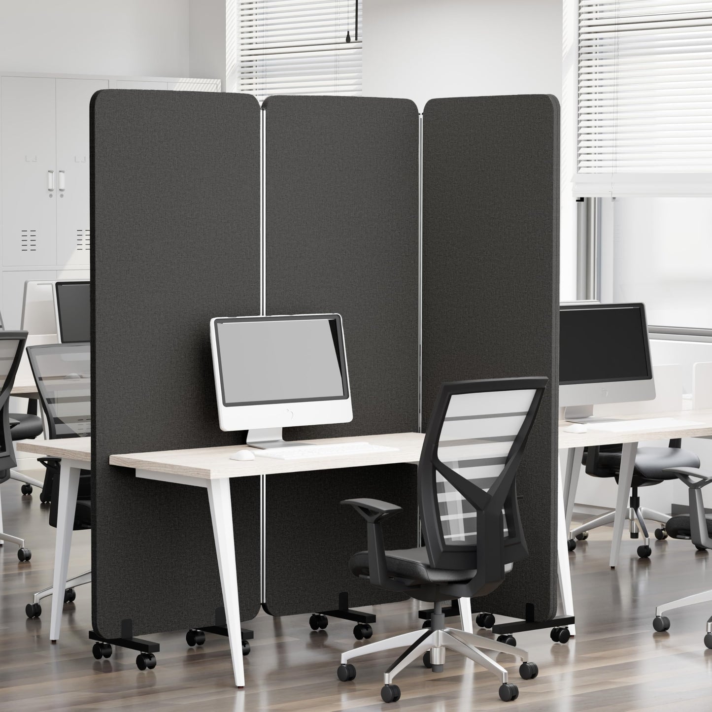 KERRAM 3 Panel Foldable Office Partitions, Mobile Cubicle Wall with Wheels, 71 x 66 Inch Noise Cancelling & Sound Proof Room Dividers Partition Wall, Aluminum Frame Dark Gray