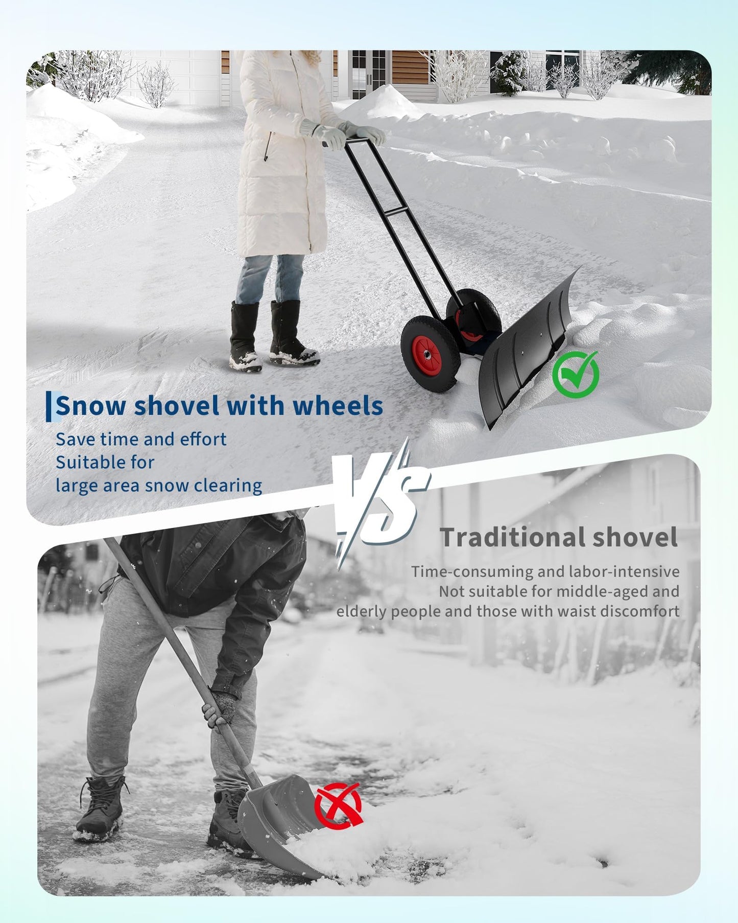 Garvee Snow Shovel, Garvee Heavy Duty Snow Pusher for Driveway with Adjustable Handle and Angled Blade, Efficient Snow Shovel with Wheels, Snow Pusher for Doorway, Sidewalk, Deck (40 Inch)