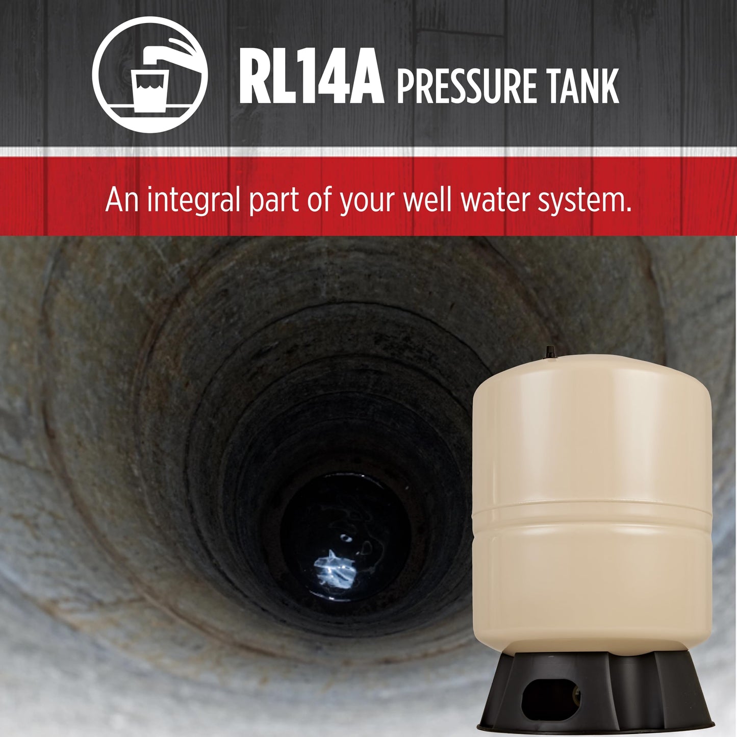 Red Lion RL14A - 14-Gallon Vertical Pre-Charged Pressure Tank with Thermoplastic Base for Well Pumps, 1-Inch FNPT Elbow System Connection, Almond, 604687
