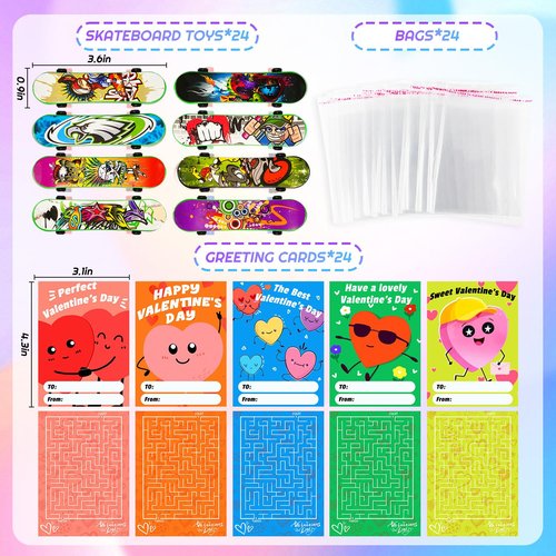 Manekulis Valentines Day 24Pcs Finger Skateboards with Cards for Kids,Valentines Gift for Classroom,Valentines Exchange Gifts Class with Party Favor for School,Birthday Goodie Bag Stuffers