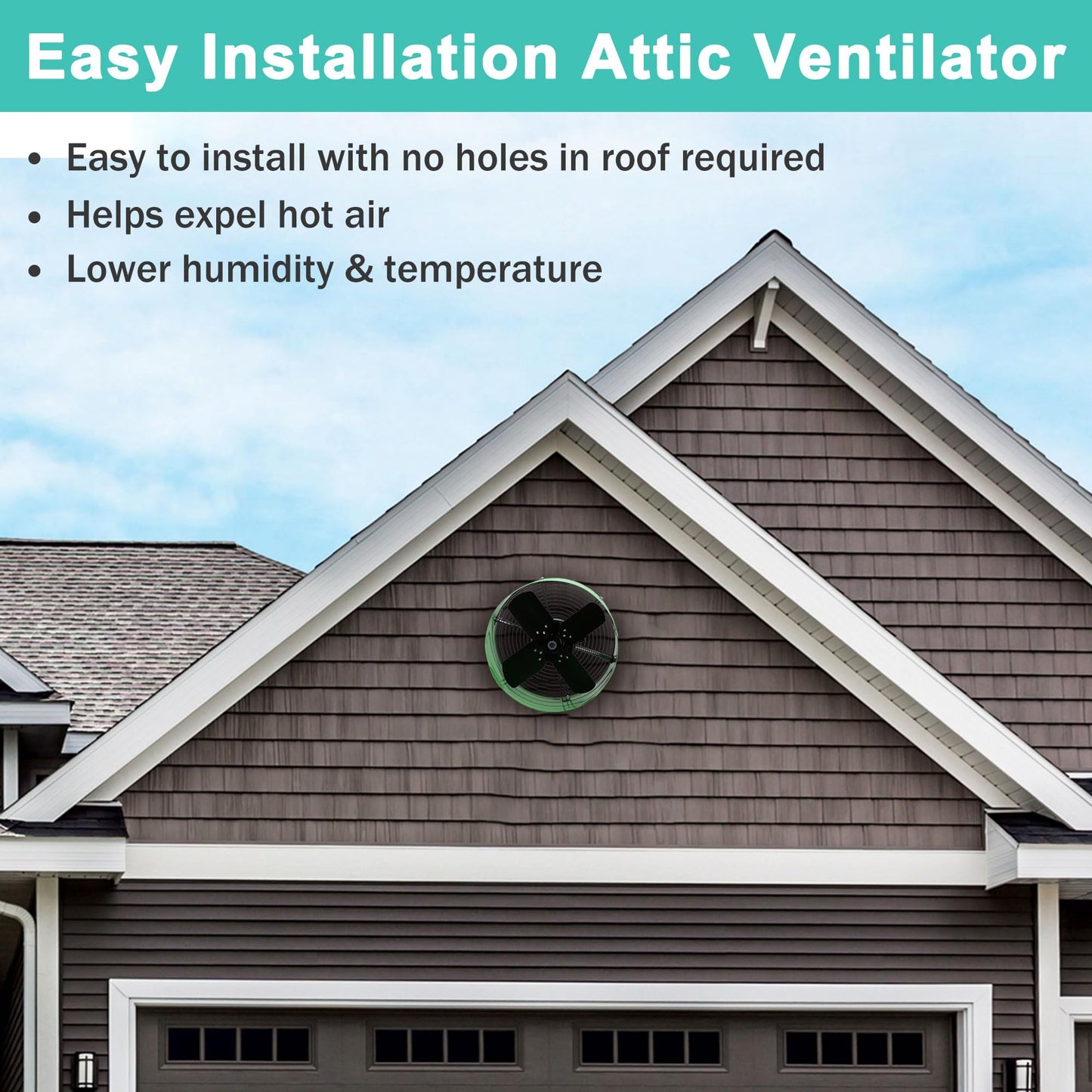 Hipoilk Gable Mount Attic Fan with Adjustable Thermostat, 15 Inch Exhaust Fan for Attic, Garage, Shed, Shop Ventilation, 1650 CFM, 1075 RPM, 2500 SQF Coverage Area