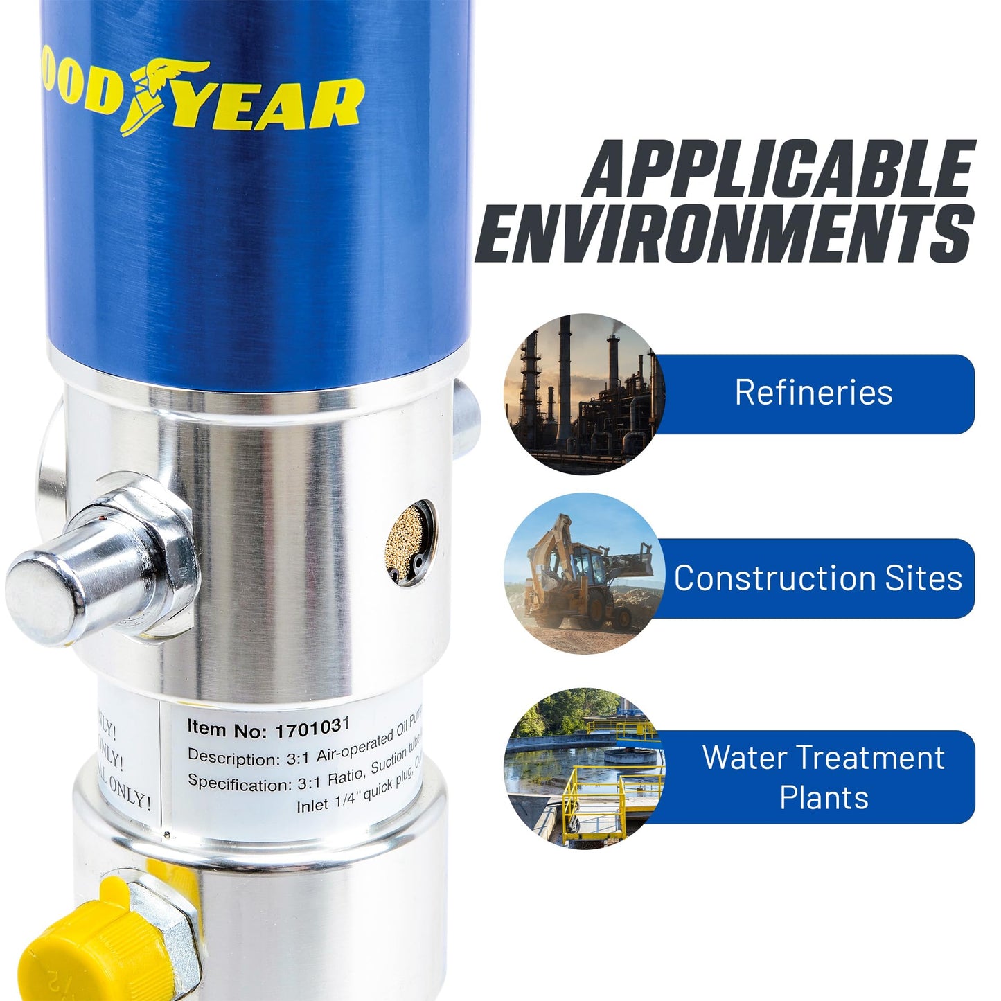 Goodyear Oil Transfer Pump Air Operated Pneumatic 3.1GPM / 12LPM PRO Heavy Duty Double Action 3:1 Fast High Flow Rate for SAE130 Oils/Fluids (NOT for Gasoline or Diesel)