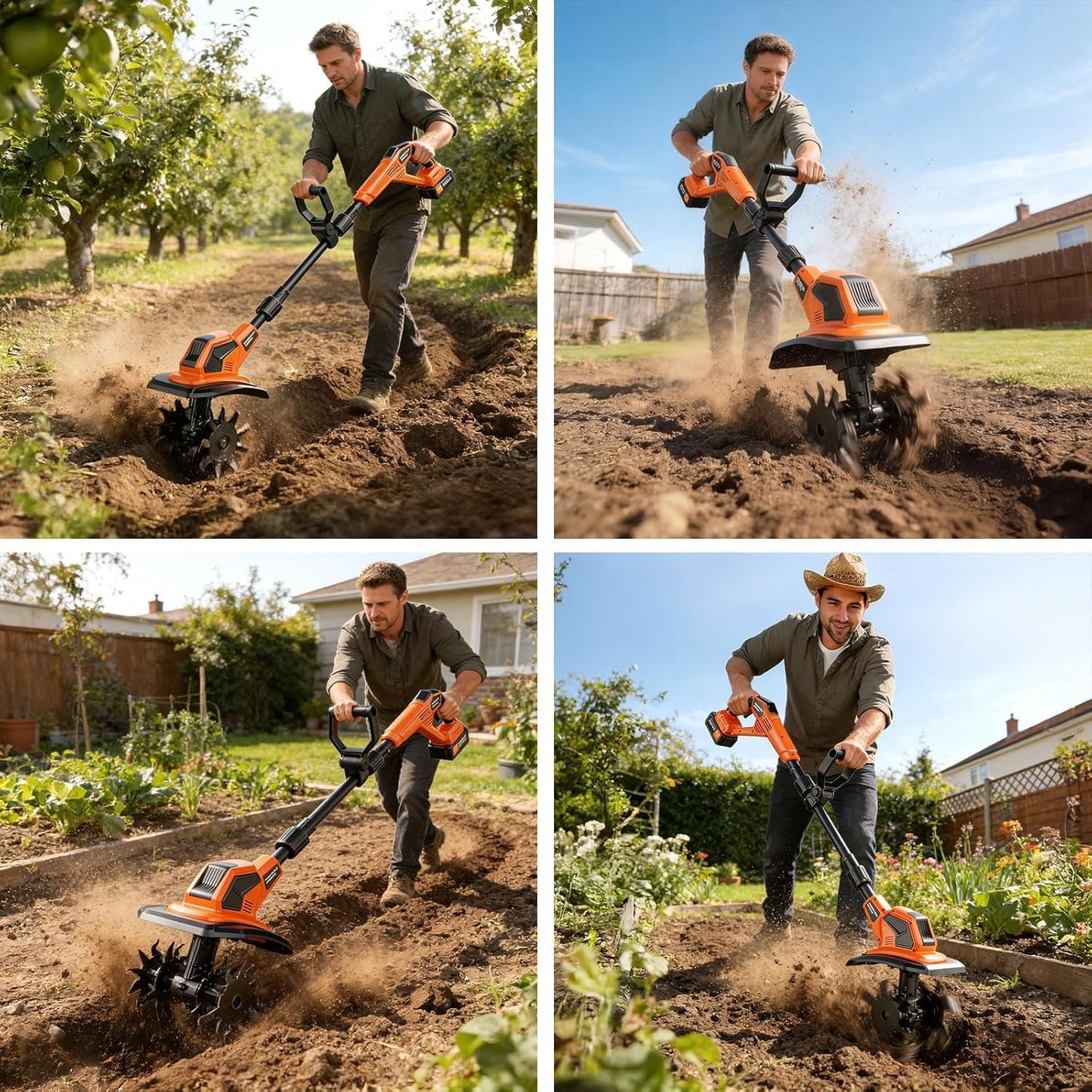 20V Cordlees Tiller Cultivator for Gardening, 400RPM Brushless Electric Garden Tiller Battery Powered((2*3.0Ah Battery&Charger), 9.5"Width 7"Depth, Garden Rototiller for Yard/Lawn/Soil Tiller (Orange)