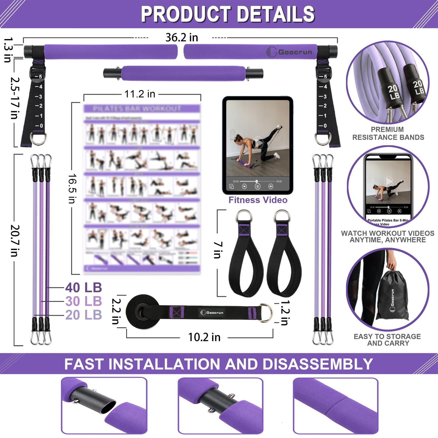 Goocrun Pilates Bar Kit with Resistance Bands for Men and Women - 3 Set Exercise Resistance Bands - Portable Multifunctional Home Gym - Supports Full-Body Workouts – with Fitness Poster and Video