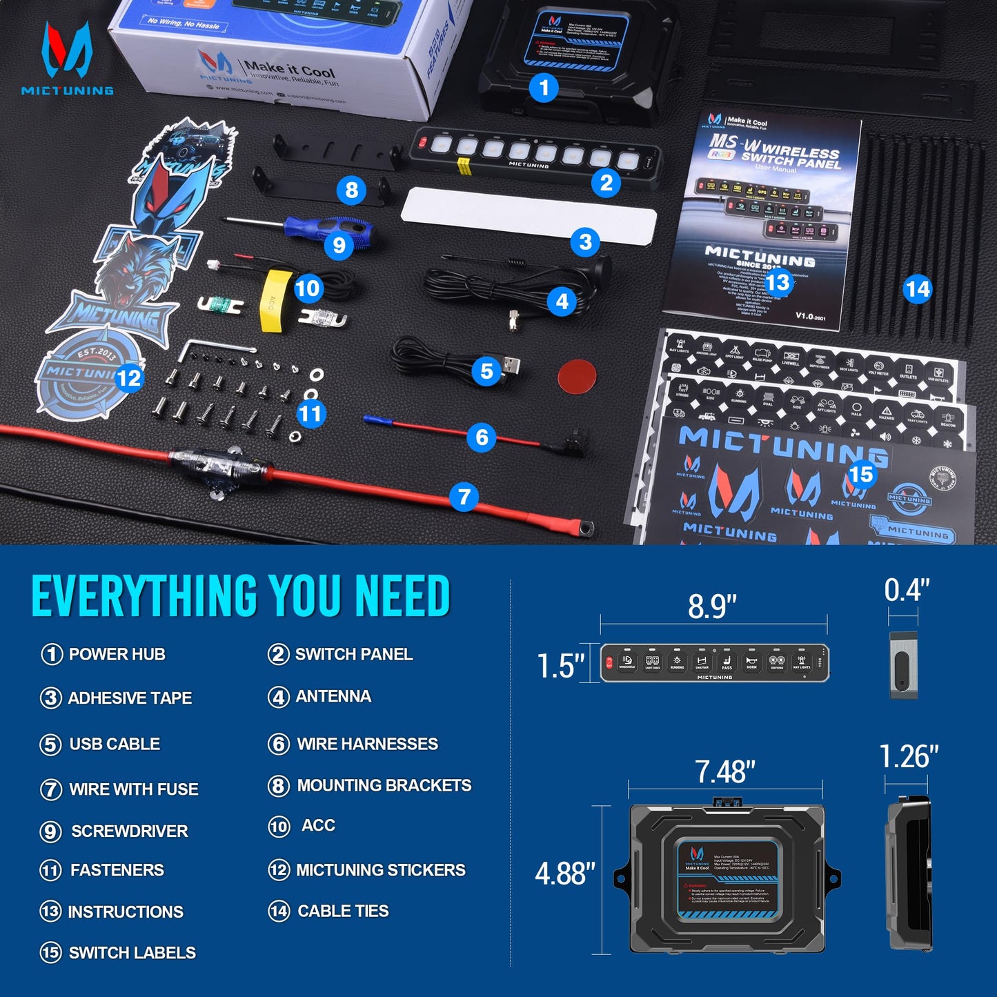 MICTUNING MS-W 8 Gang Wireless Switch Panel Slim Design,208FT Range RGB Auto-dimming Backlit, Rechargeable Multifunction Toggle Momentary Flash Strobe Circuit Control Relay Box for Off Road Truck
