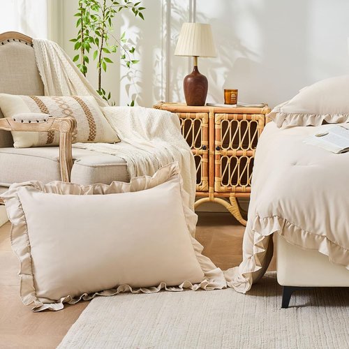 FUANNA Queen Comforter Set - Beige 3-Piece Ruffle Shabby Chic Bedding | Fluffy Lightweight All-Season Comforter & Pillowshams