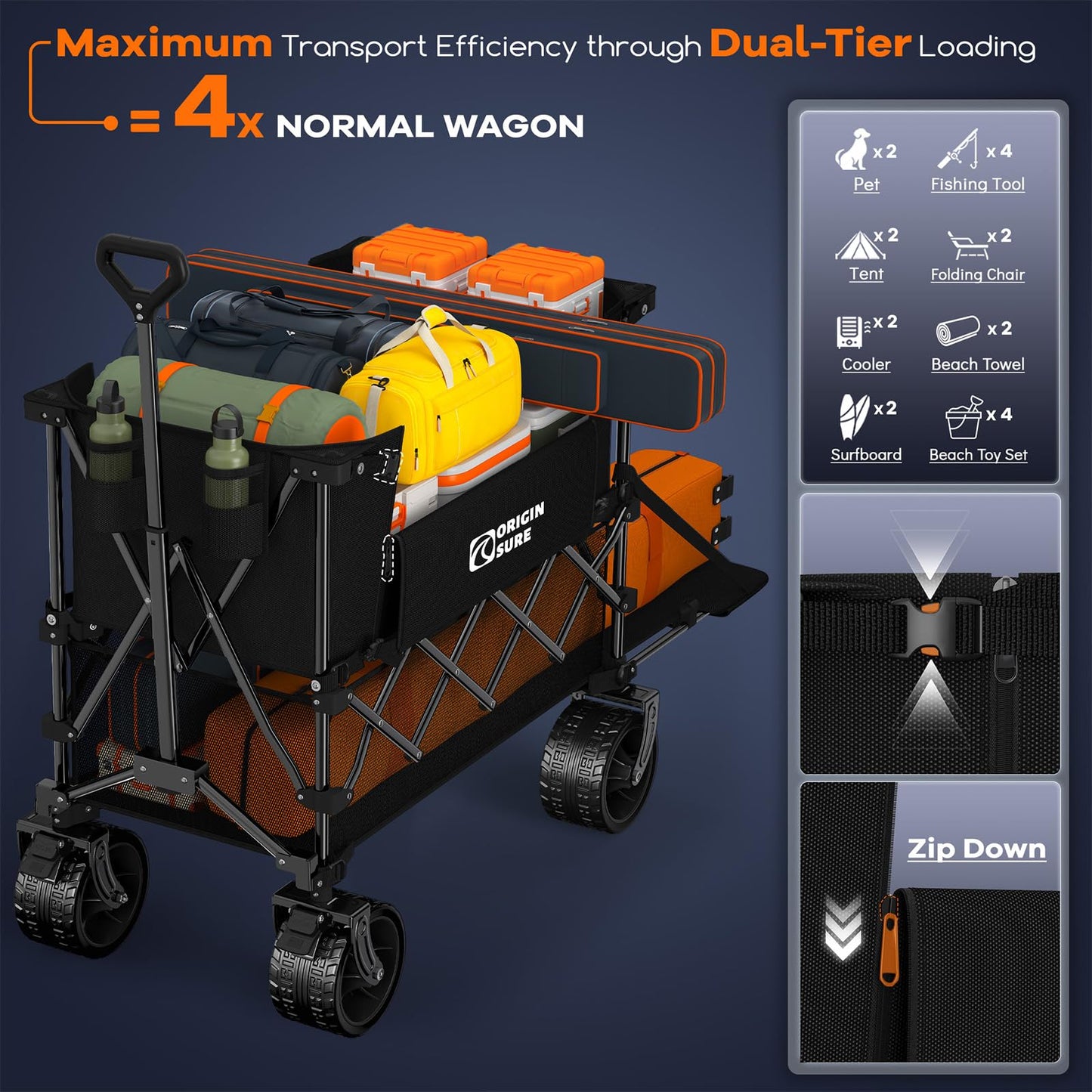 Originsure 400L Double Decker Wagon Collapsible with 54" L Tailgate, 560lbs Heavy Duty Carts Foldable, Extra Large Folding Beach Wagon with Big All-Terrain Wheels for Camping, Sports, Groceries, Black