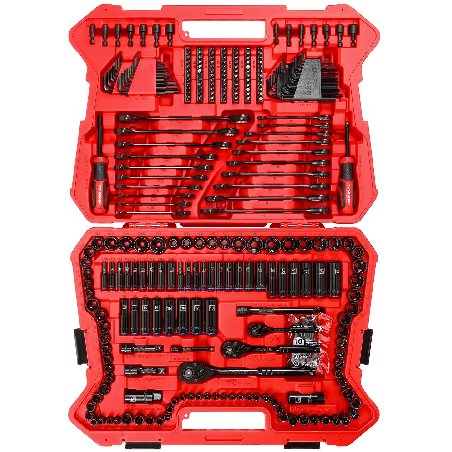 STARWORK TRUE MECHANIC 303-Piece Mechanics Tool Set, 120-Tooth Ratcheting Wrench Set, 1/4", 3/8", 1/2" Drive, Professional, SAE/Metric