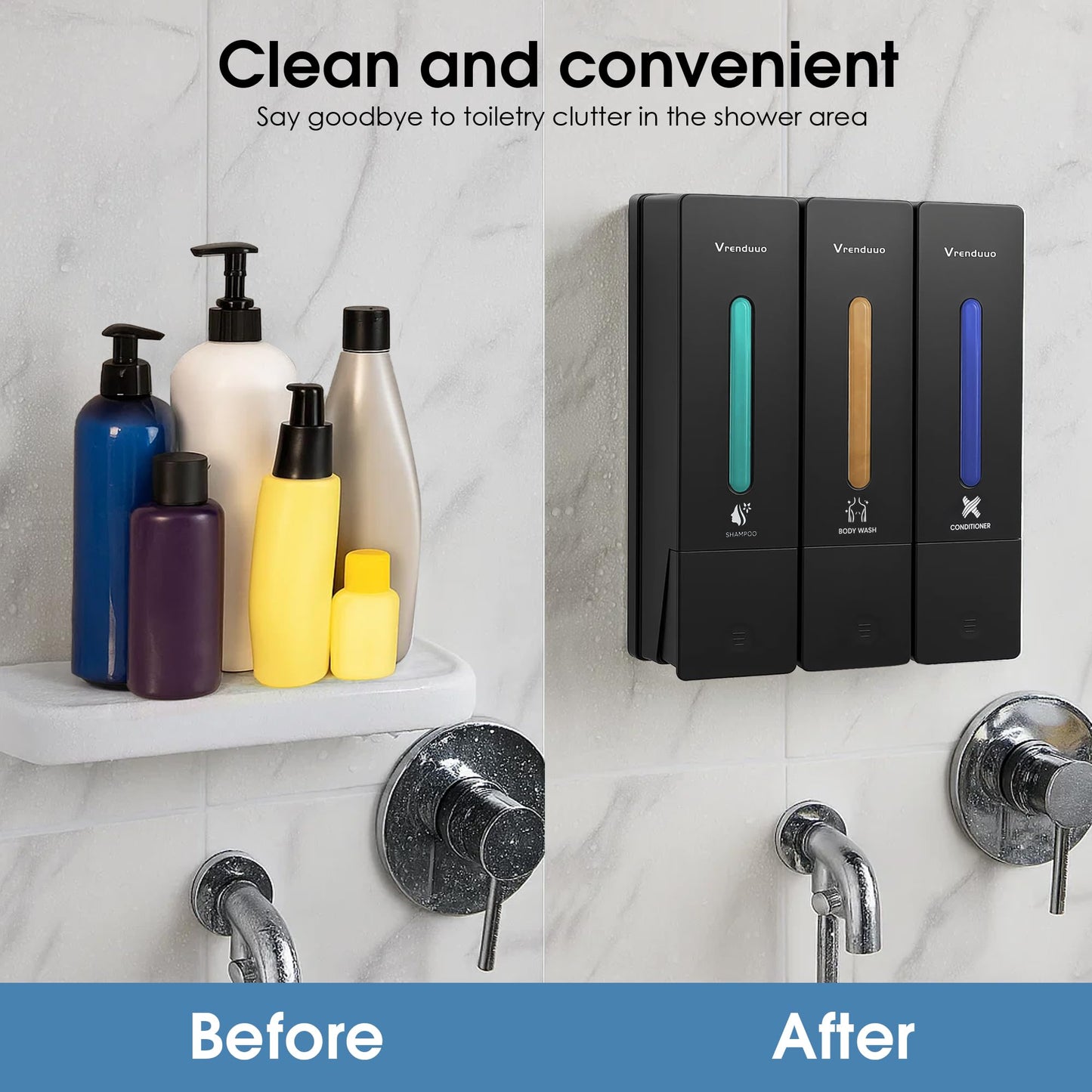 VrEnduuo Shampoo and Conditioner Dispenser,Shower Dispenser 3 Chamber No Drill,Shower Soap Dispenser Wall Mounted for Bathroom Hotel with Upgrade Pump Head,3 * 400ml(Black 3 Chamber)
