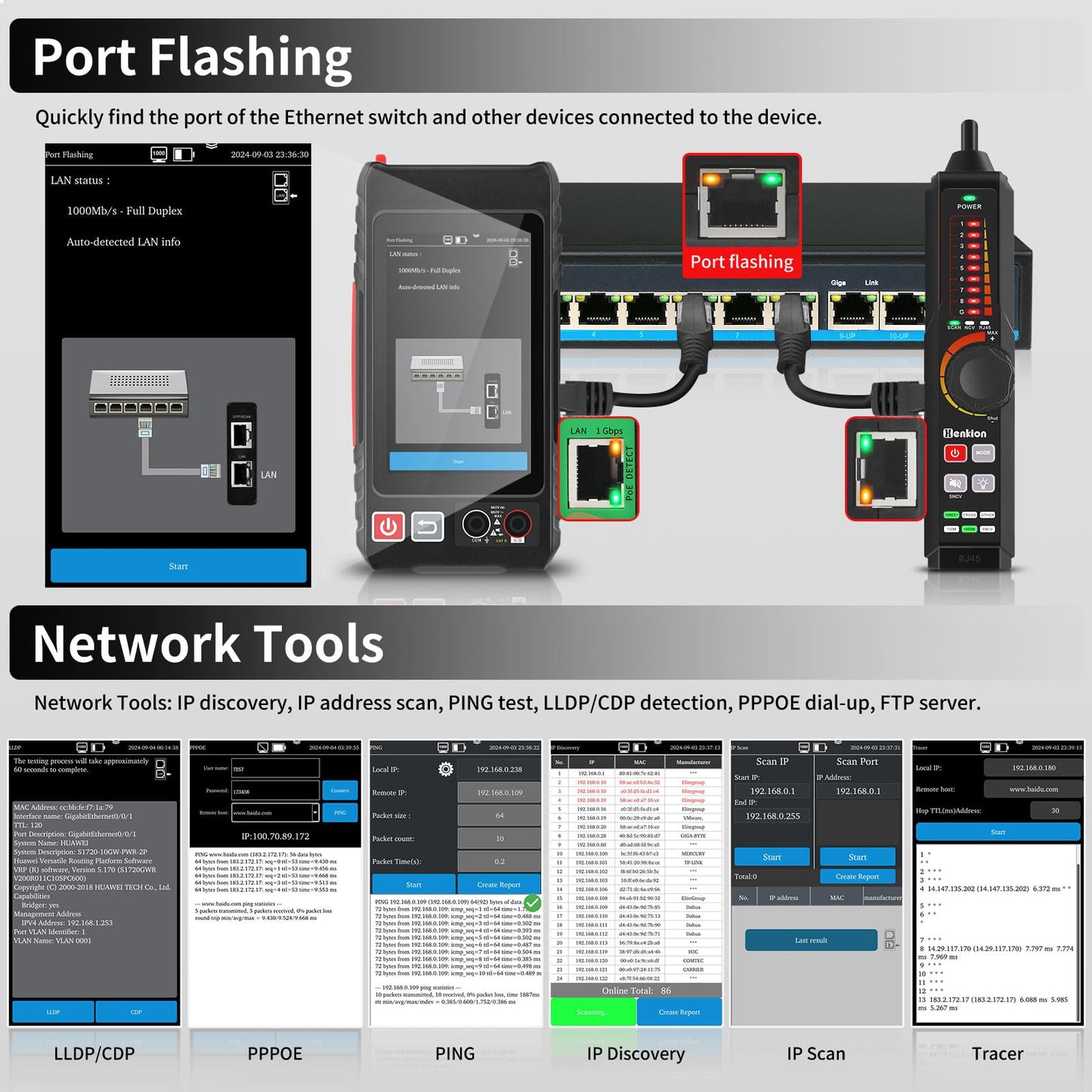 Multifunction RJ45 Network Caber Tester,Full Features UTP Cable Tester Cable Tracer,4" IPS Touch Screen Support TDR,DMM,OPM,POE++ Detect,Level Meter,Ethenet Network Tester,RJ45 TDR,Length,FTP(LT-600T)