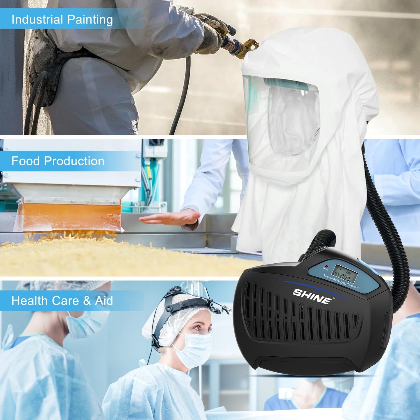 SHINE Air Purifying Respirator,Approved 3 Levels Airflow Control, High-efficiency Li-ion Battery PAPR Kit (P-SH200) (Full Hood)