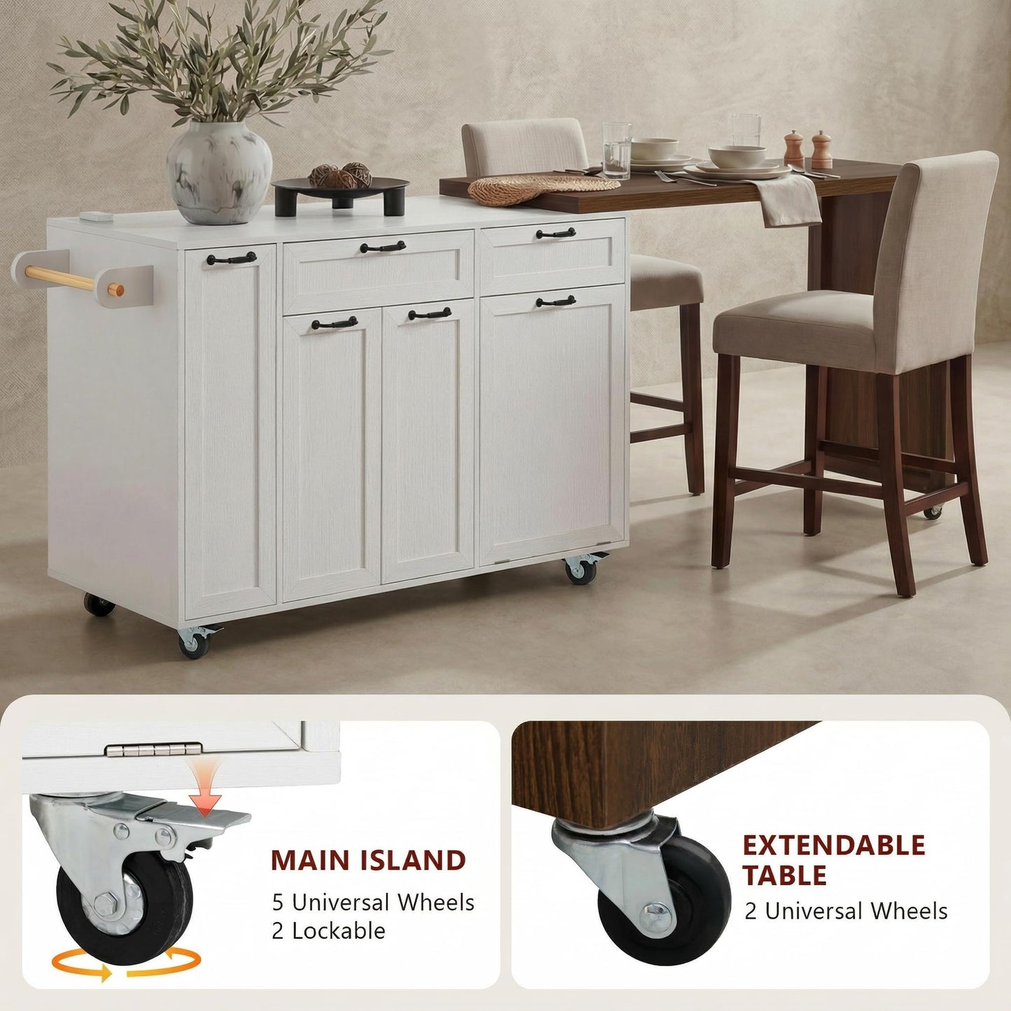 Casaphoria 102.3" Extendable Kitchen Island on Wheels, Rolling Kitchen Cart with Tilt-Out Trash Can Cabinet & 3-Tier Spice Rack, Mobile Drop Leaf Dining Table Prep Station for Small Spaces, White