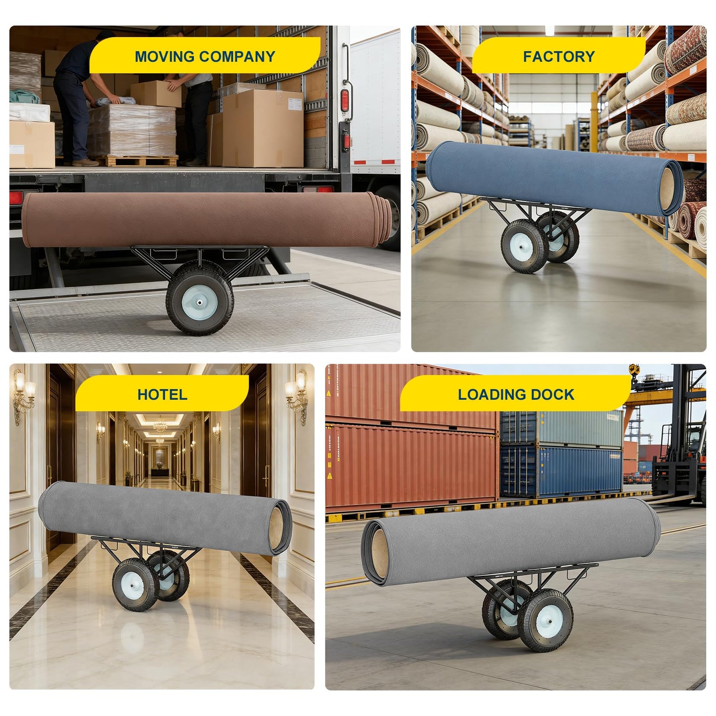 Hymula Heavy-Duty Carpet Dolly with Pneumatic Wheels, Steel V-Cradle Roll Carrier, 500 lb Capacity Portable Floor Roller Cart for Carpet, Lumber, Pipes & Large Material Rolls,for Warehouses, Stores