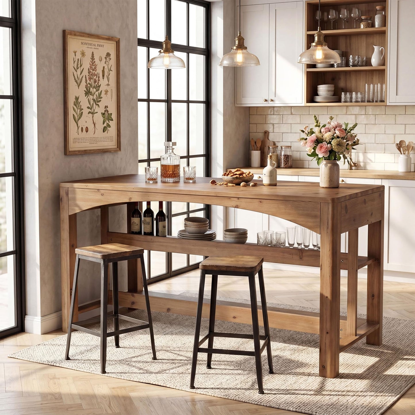 TRIBEWOOOD 59 Inches Kitchen Island with Storage, 3-Tier Solid Wood Stationary Island Table with Open Shelves, Large Prep Table for Kitchen Dining Room, Rustic Brown