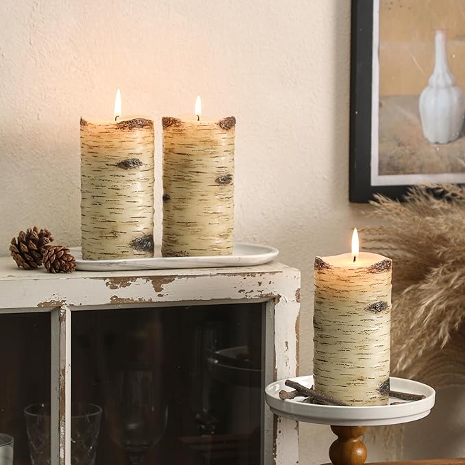Birch Bark Pillar Candles, Fall Pillar Candles 3x6 Inch Set of 3, Thanksgiving Unscented Long-Lasting Smokeless Candles