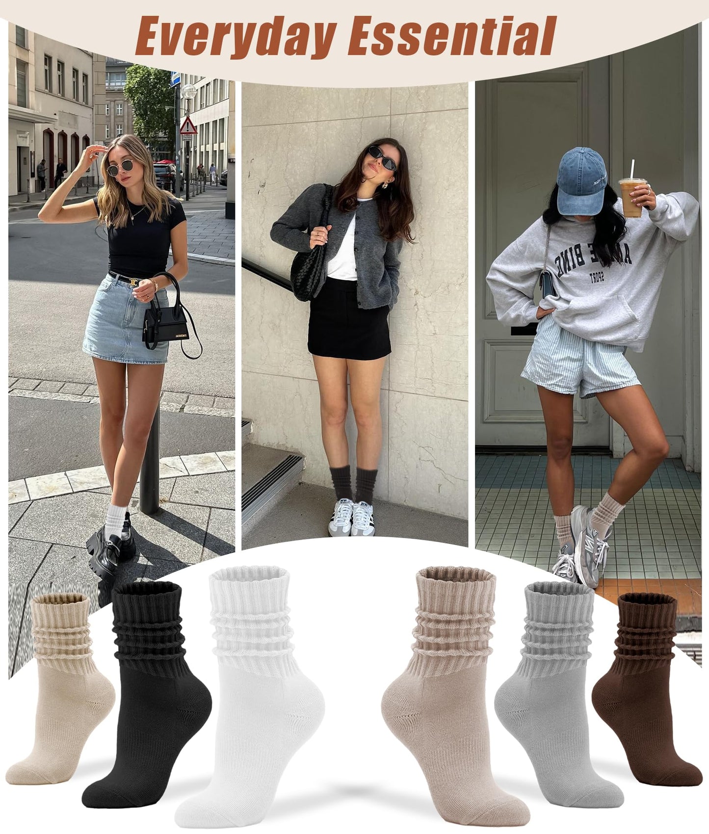 AugRing Women's Cute Scrunch Slouch Crew Socks 3Pack Retro Kawaii Chunky Ribbed Cotton Boot Sneaker Cozy Calf Socks Size 5–11 (White/Black/Grey,5-10)