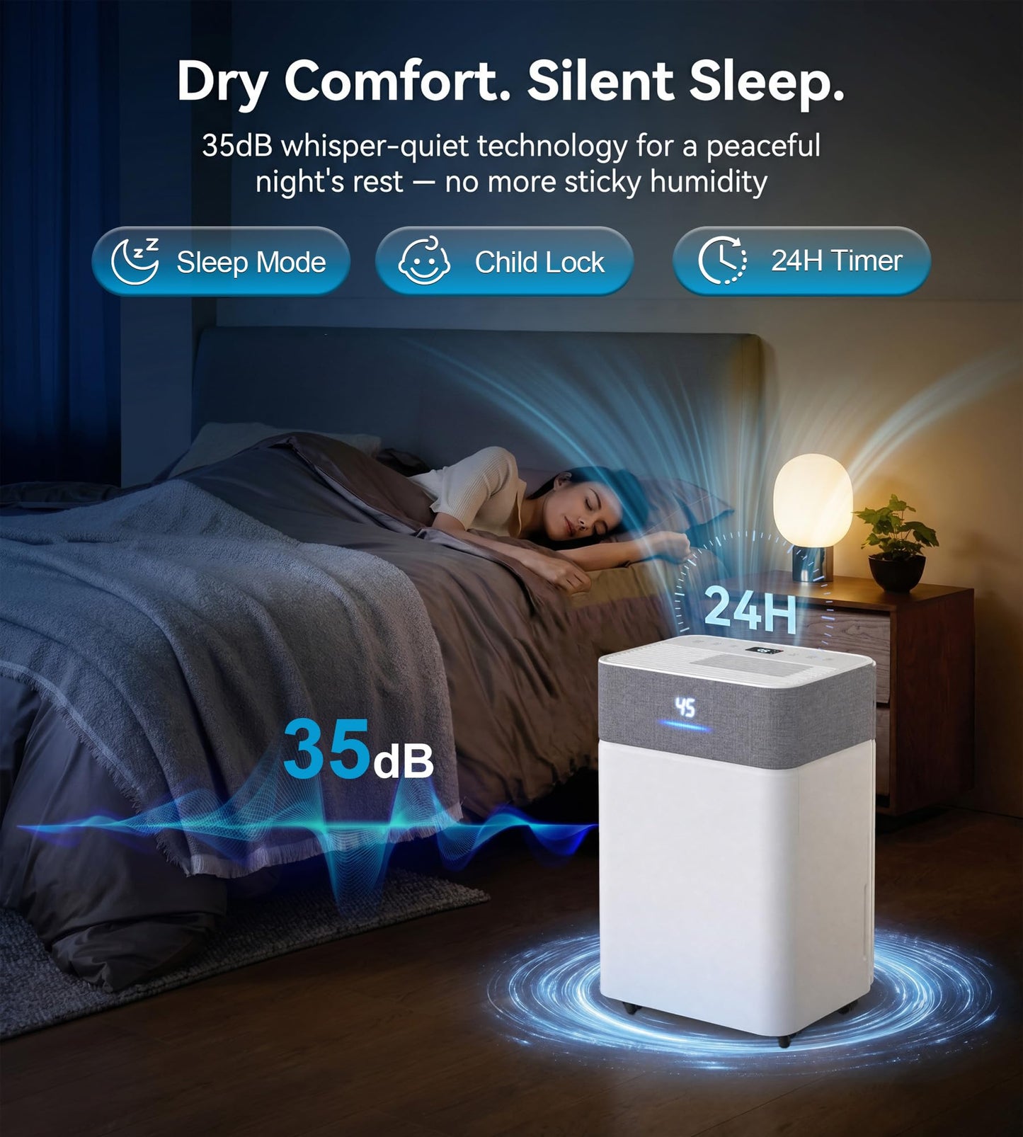 AKIRES 55Pint Dehumidifier for 4000Sq.Ft, Smart Dehumidifier with Drain Hose, 1.15Gal Removable Tank, LED Display, 24H Timer & Child Lock, Dehumidifier for Basement,Bedroom,Bathroom(White)