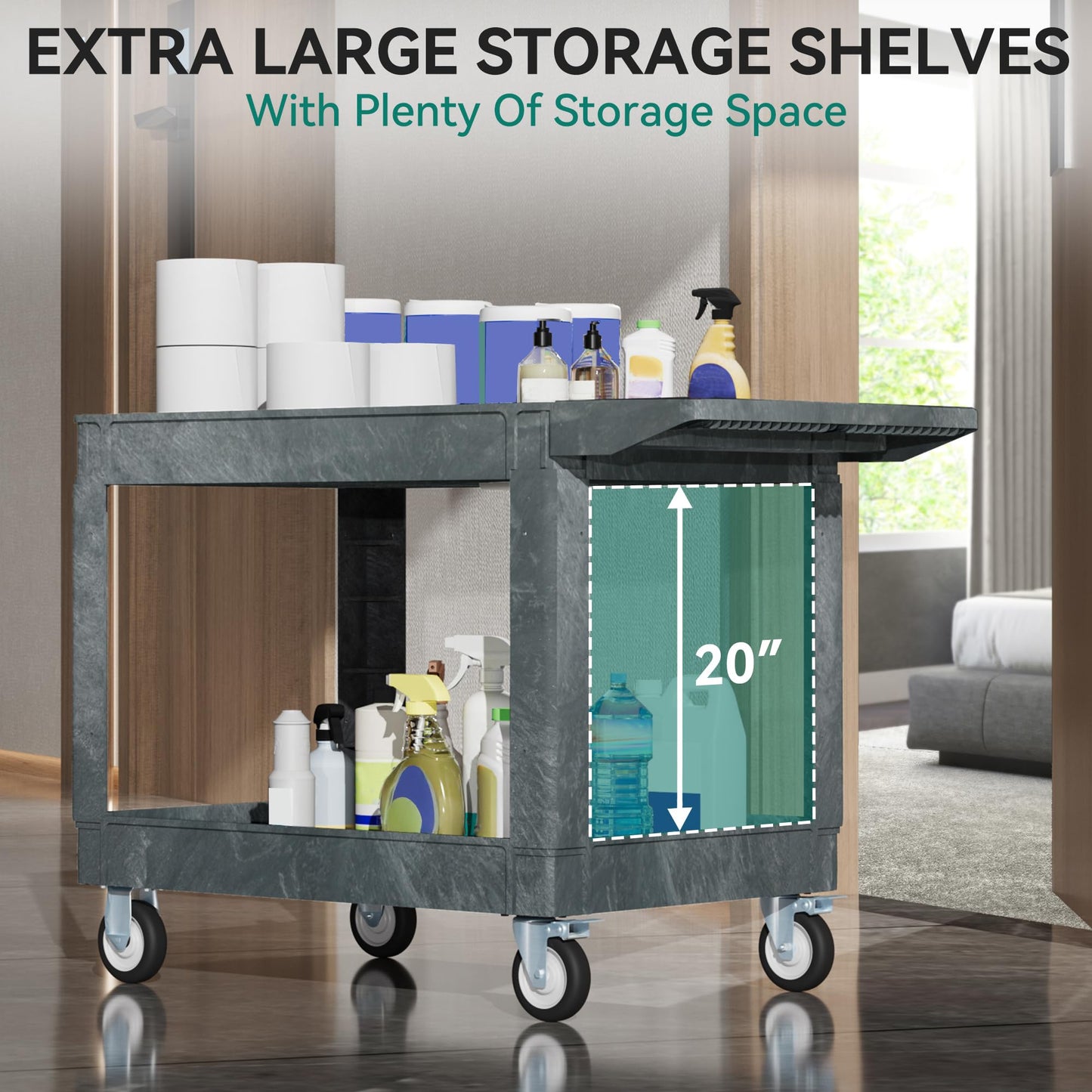 YITAHOME 2 Tier Heavy Duty Plastic Utility Cart 45 x 25 Inch, Rolling Work Cart w/Deep Shelves & 360° Swivel Wheels(2 Brake), Plastic Tool Cart Suitable for Warehouse, Garage, Office, Cleaning, Gray