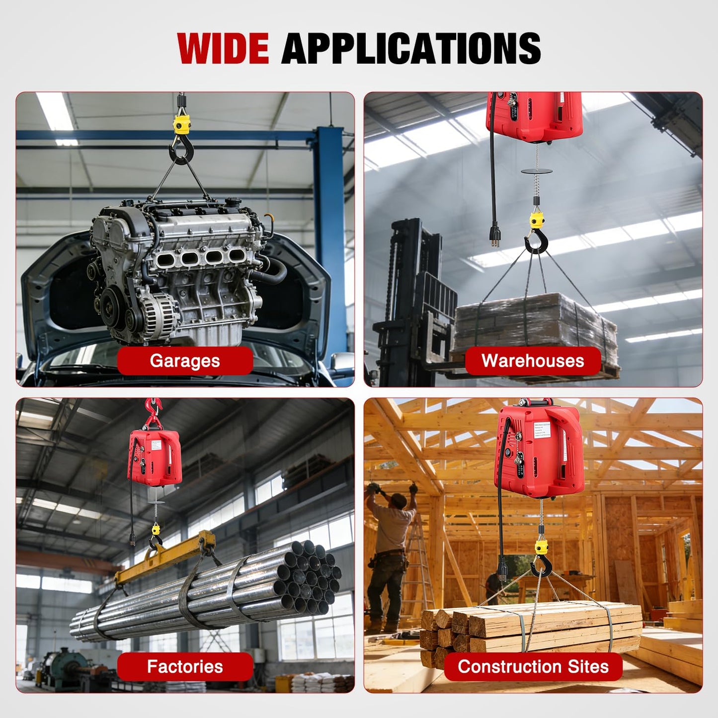 Nilight 3-in-1 Electric Hoist Winch, 660LBS 1500W Portable Power Winch Crane with Manual Wired Wireless Remote Control, 110V Electric Winch 33FT/Min Speed 39FT Height for Garage Warehouse Factory, Red