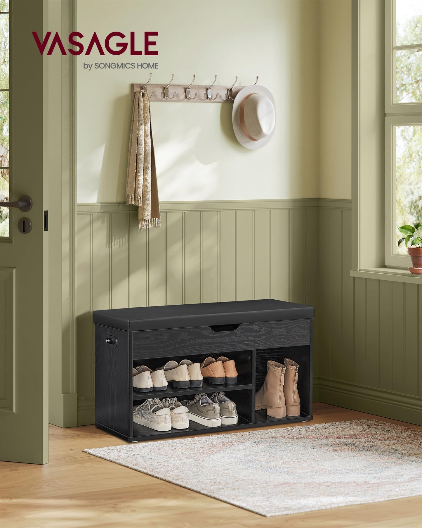 VASAGLE CUSTOS Collection - Storage Bench with Cushion, Shoe Bench, Padded Seat, Hidden Storage, Entryway, Hold up to 300 lb, 11.8 x 31.5 x 17.3 Inches, Ebony Black and Ink Black ULHS030B03