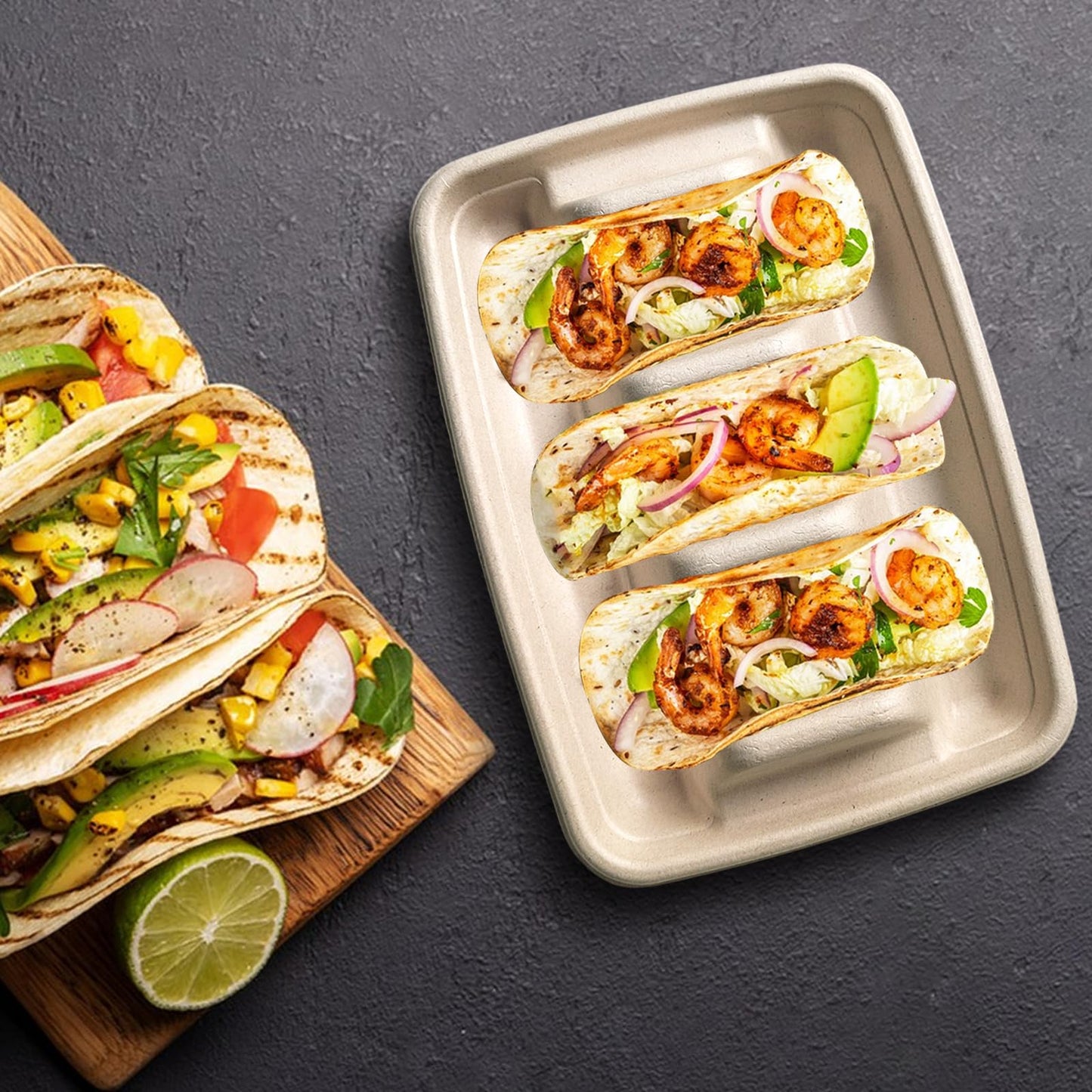 Sibosen 50PCS Disposable Taco Holder for Party,Disposable Taco Plates with 3 Dividers Disposable Taco Holders for Taco Tray Holder, Pulp Fiber Plates Disposable for Taco Tuesday Lazy Susan Taco Bar