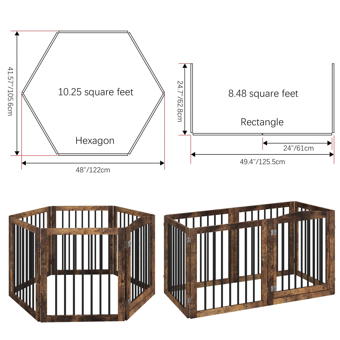 Vantas Folding Pet Gate 144" Wide, 30" Tall No-Assembly Wooden Dog Gate with Door Walk Through, Freestanding Puppy Safety Fence, with 2PCS Support - Rustic Brown
