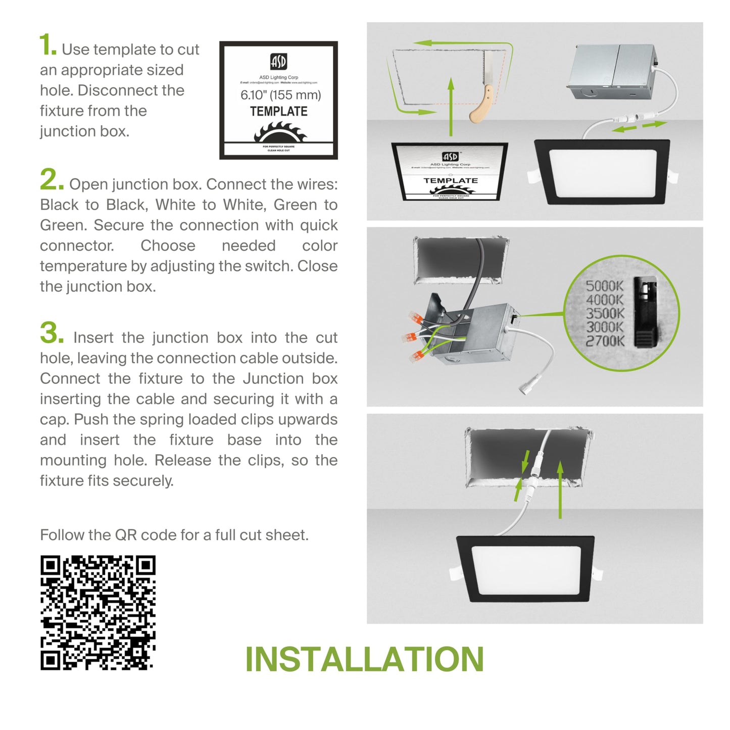 ASD 12 Pack LED Square Recessed Lighting 6 Inch, 5CCT 2700K-5000K CRI90+, Dimmable Ultra-Thin Canless Wafer Lights, IC Rated Ceiling Light Fixtures with Junction Box, ETL Energy Star, Black