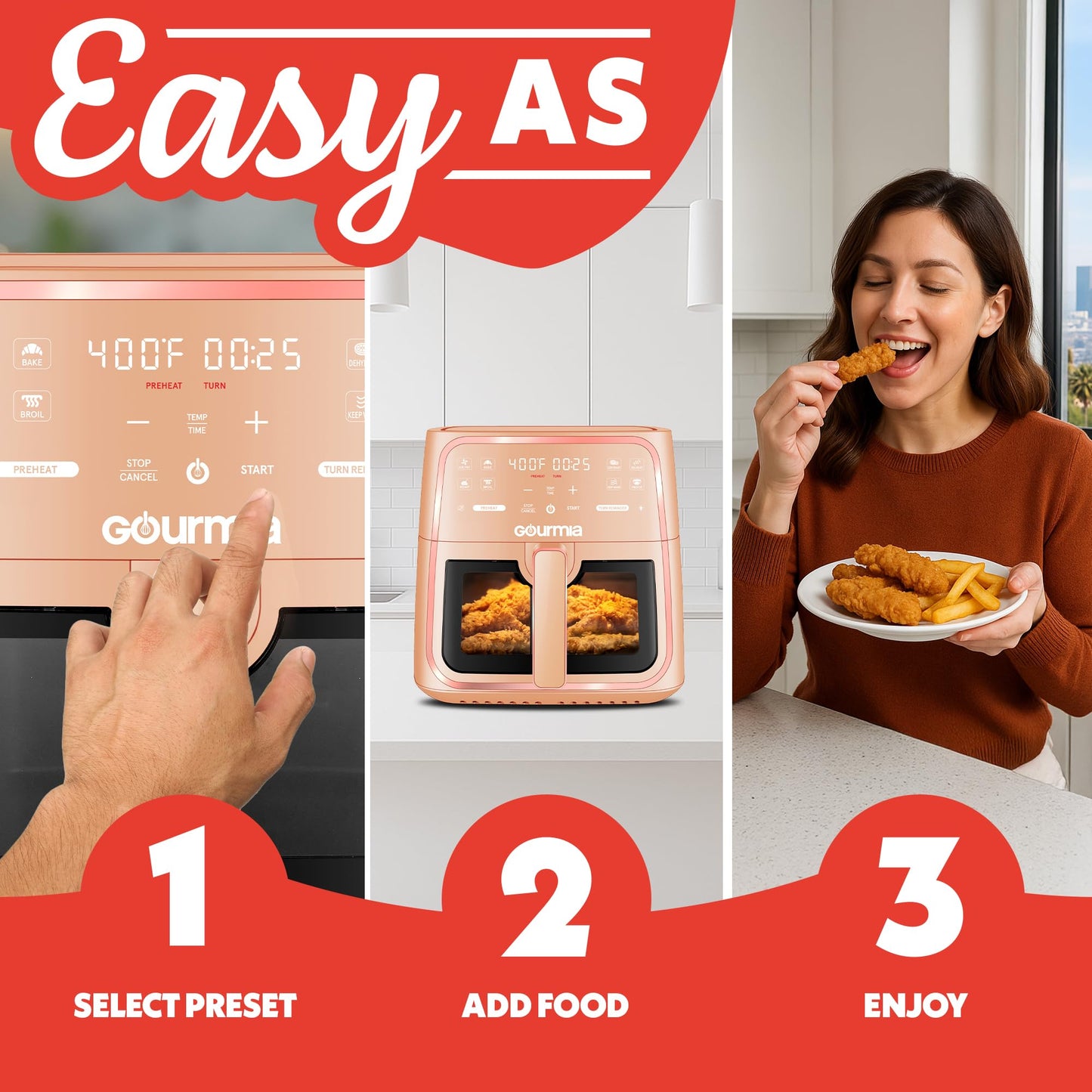 Gourmia 8 Qt Air Fryer, 8 Presets with Digital Display, FryForce 360° Technology, Easy View Window & Interior Light, Dishwasher Safe Basket, Peach