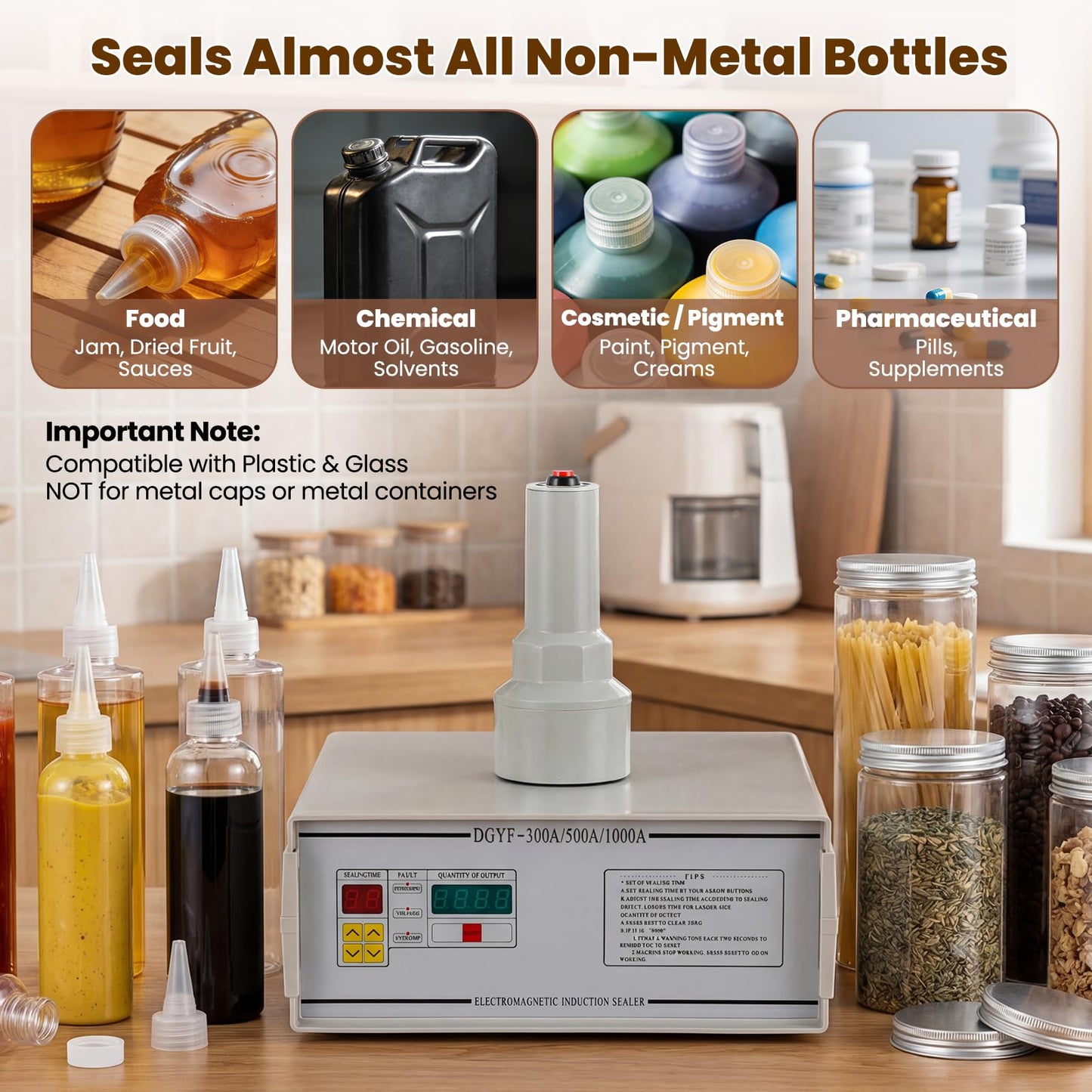 NEWTRY Induction Bottle Cap Sealer 10-50mm Handheld Heat Sealing Machine with Counting Function for Plastic Glass Bottles of Flat and Pointed Cap (110V)