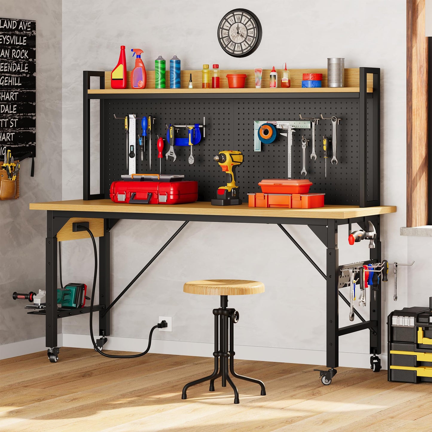 DWVO 60" Adjustable Workbench with Pegboard, Heavy Duty Wood Top Work Bench with Wheels, 1600 LBS Load Capacity, Rolling Work Table with AC/USB Outlet, Hooks, Rack for Garage, Workshop, Office, Home