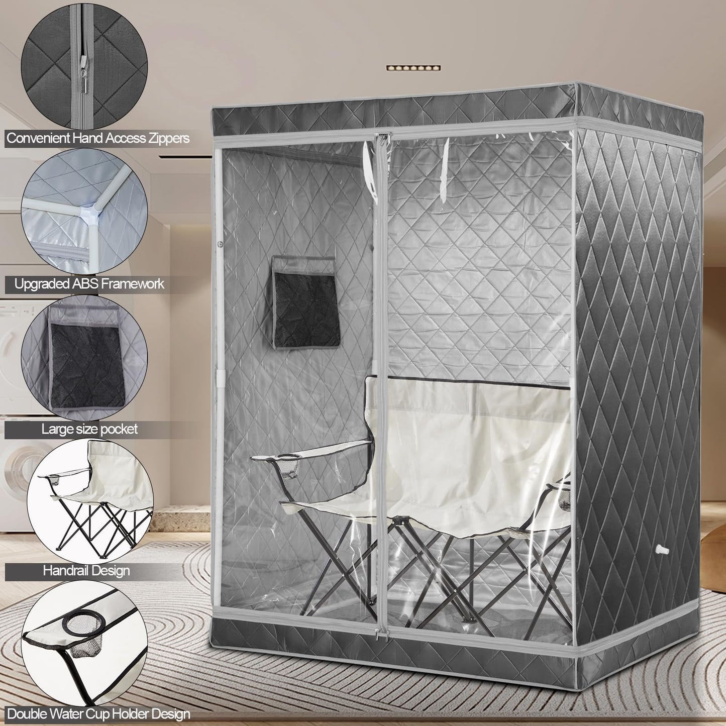 iDOTODO Full Size 2 Person Sauna Tent, Portable Steam Sauna Tent for Home, 1 or 2 Person Foldable Lightweight, Full Body Sauna Tent for Relaxation, Steamer Not Included, 2 Person Foldable Chair