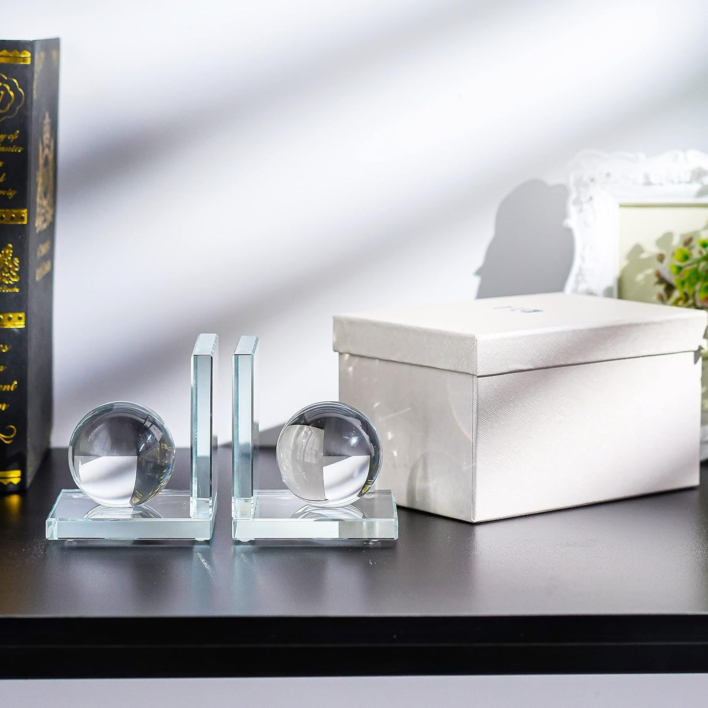 Skiennix Crystal Bookends - L-Shape Non-Skid Heavy-Duty Book Holders | 4-Inch Clear Decorative Ornaments