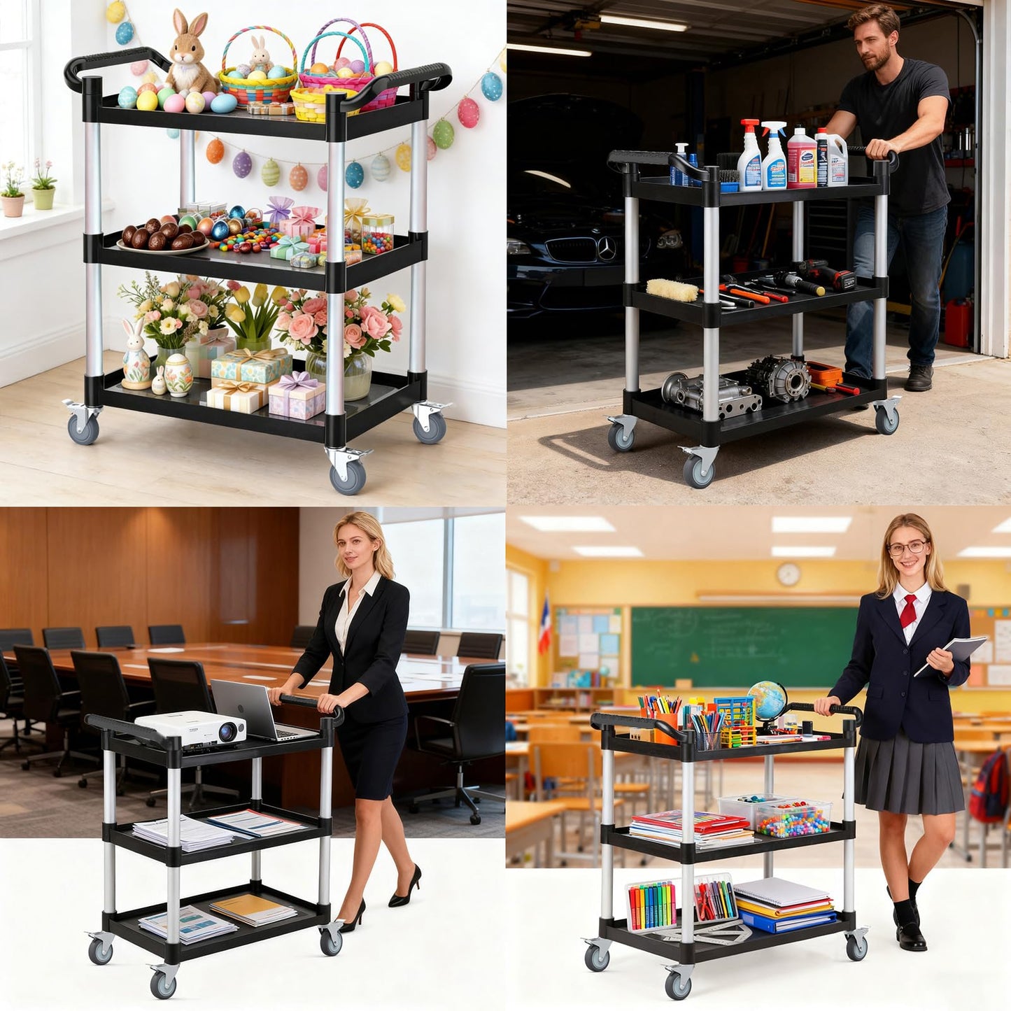 17Tek 3-Tier Rolling Utility Cart with Wheels,4 Lockable Casters, Plastic Service Cart with 510lbs Capacity, Commercial Service Cart on Wheels for Restaurant/Office/Warehouse/Kitchen/School, Black