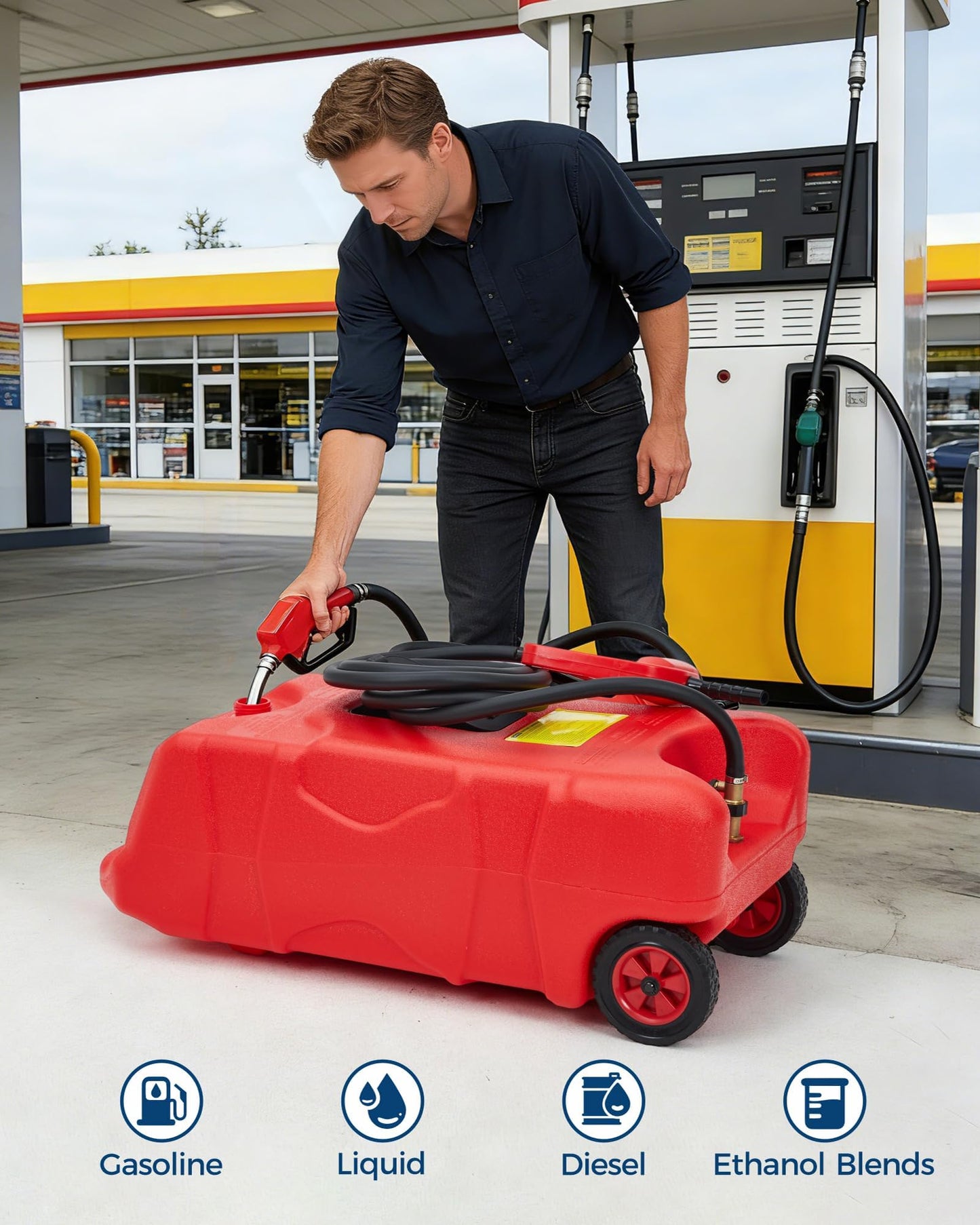 Garvee 16 Gallon Gas Can with Manual Pump, Fuel Tank Container with LE Fluid 10 FT Transfer Siphon Pump, Portable Diesel Gas Storage Caddy On Wheels for Car, ATV, Weeder, Boat, Tractor, Generator