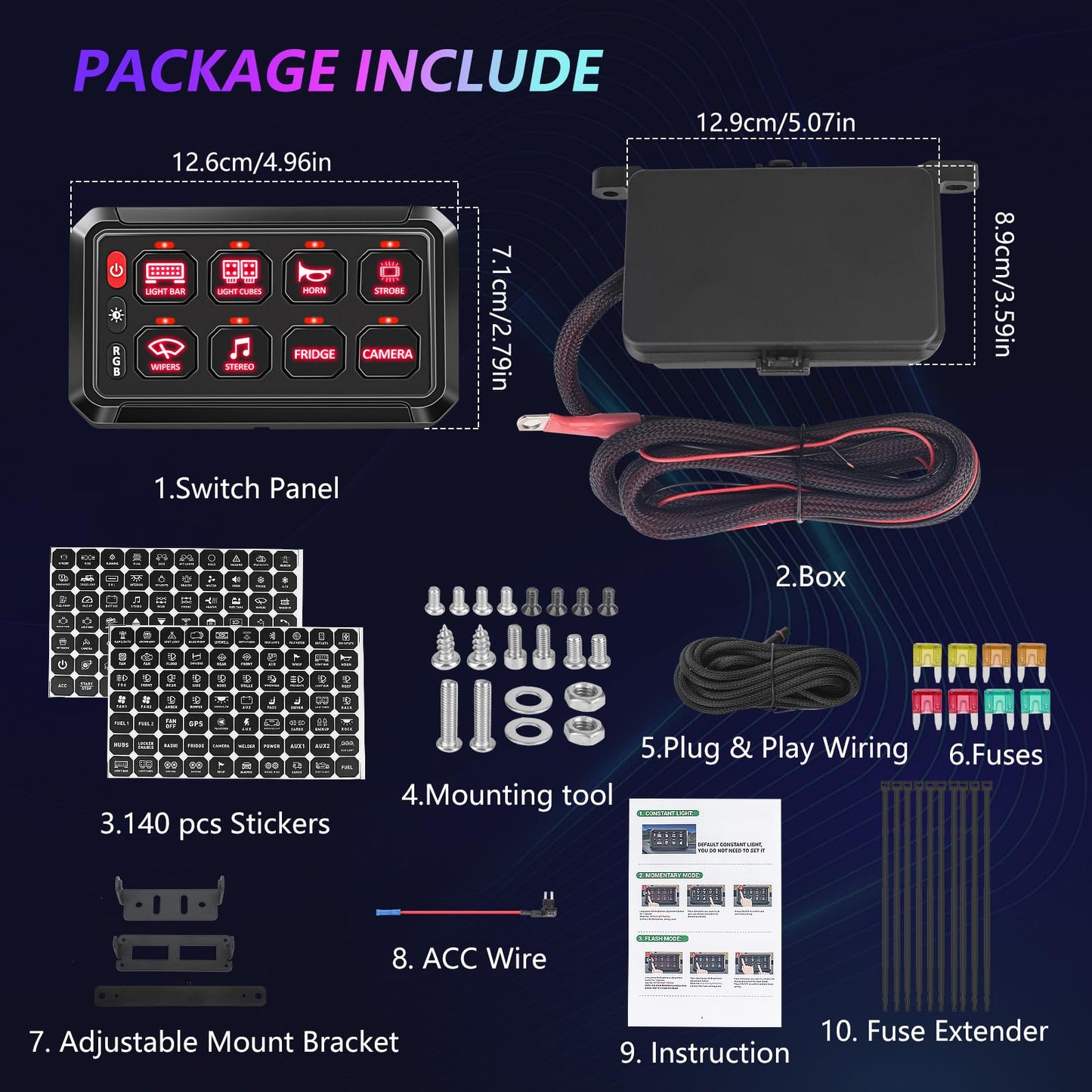 Chelhead 8 Gang RGB Switch Panel 12V Switch Toggle Momentary Pulsed 8 Circuit Control Relay Waterproof Compatible with Bus Car UTV ATV SUV Jeep Golf Cart Off-Road