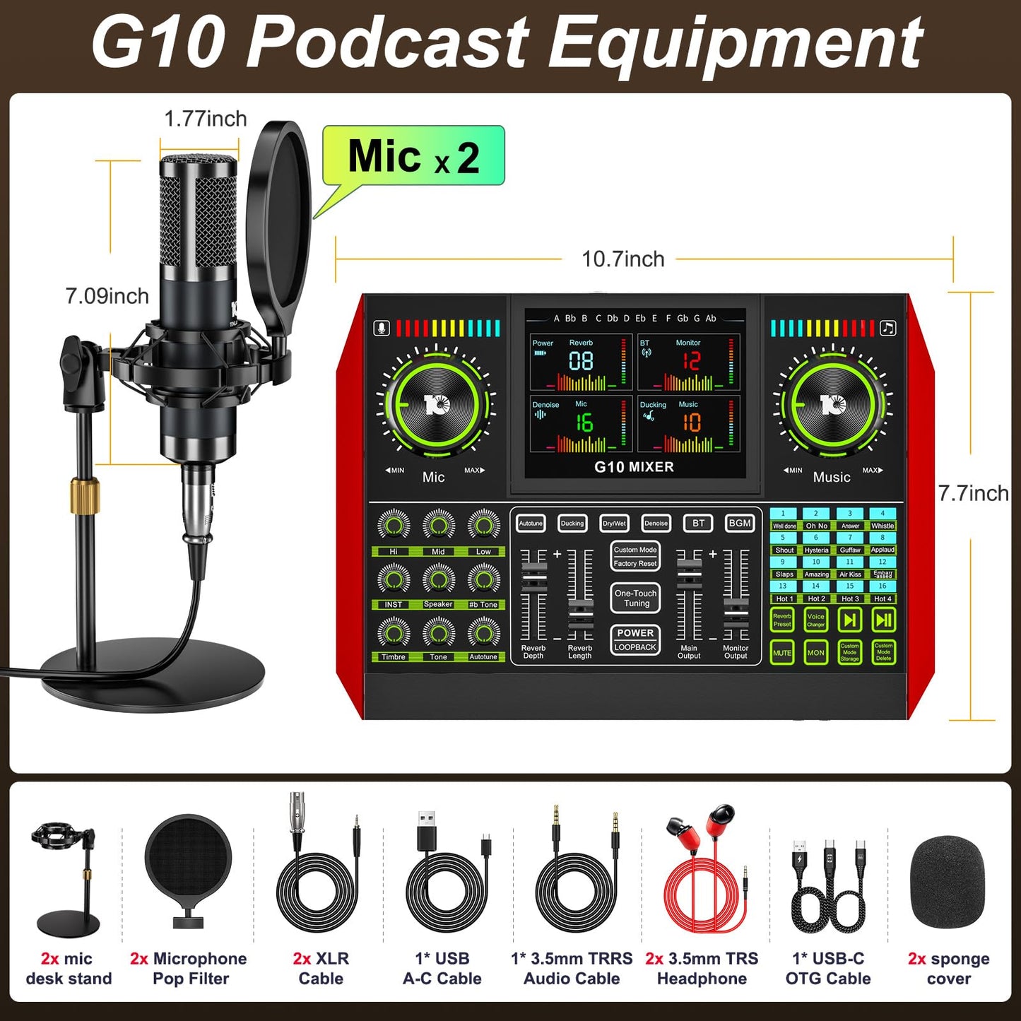 tenlamp G10 Dual Microphone Podcast Equipment Bundle with Live Sound Board Audio Mixer - Two Condenser Mics, Voice Changer, Noise Reduction, for PC/Phone Streaming, Gaming, Singing, Podcast