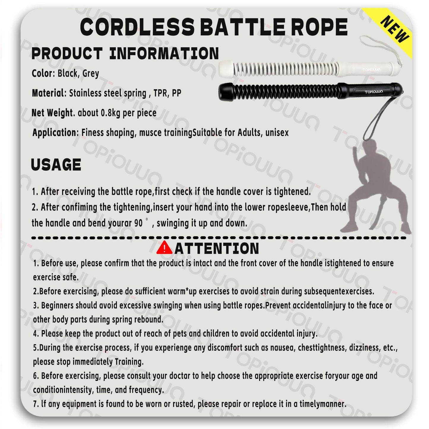 TOPIOUUA Ropeless Battle Rope - HIIT Weight Training, Multi-functional Home and Travel Exercise Equipment, Unisex Exercise Training Battle Rope Fitness Equipment with Anti-slip Tape(Gray)