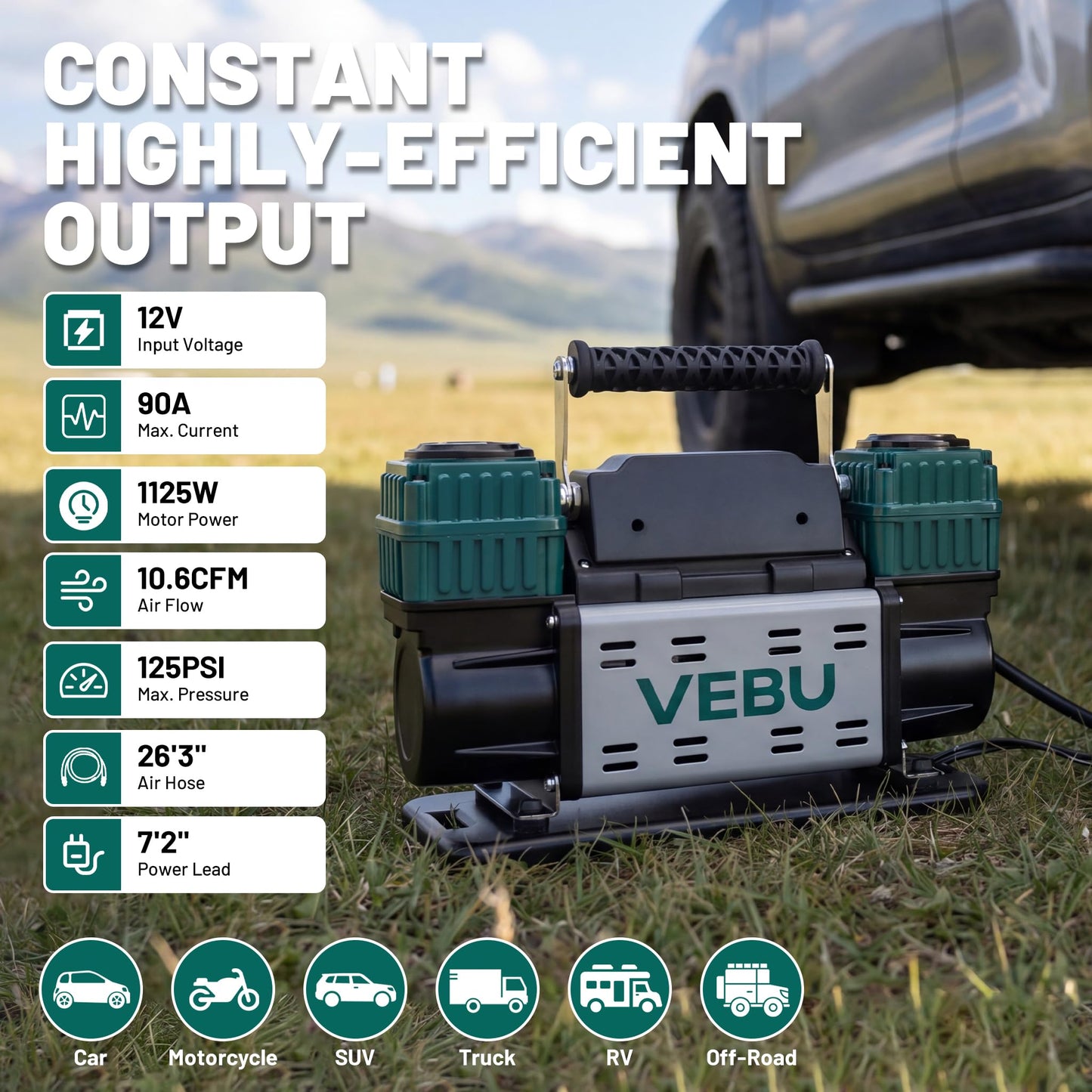 VEBU Heavy Duty Air Compressor 12V Tire Inflator, Dual Cylinder 125PSI with In-line Pressure Gauge, 10.6CFM Fast Inflation for Off-road Vehicles, Trucks, SUVs, RVs, ATVs, DC Power, Corded Electric