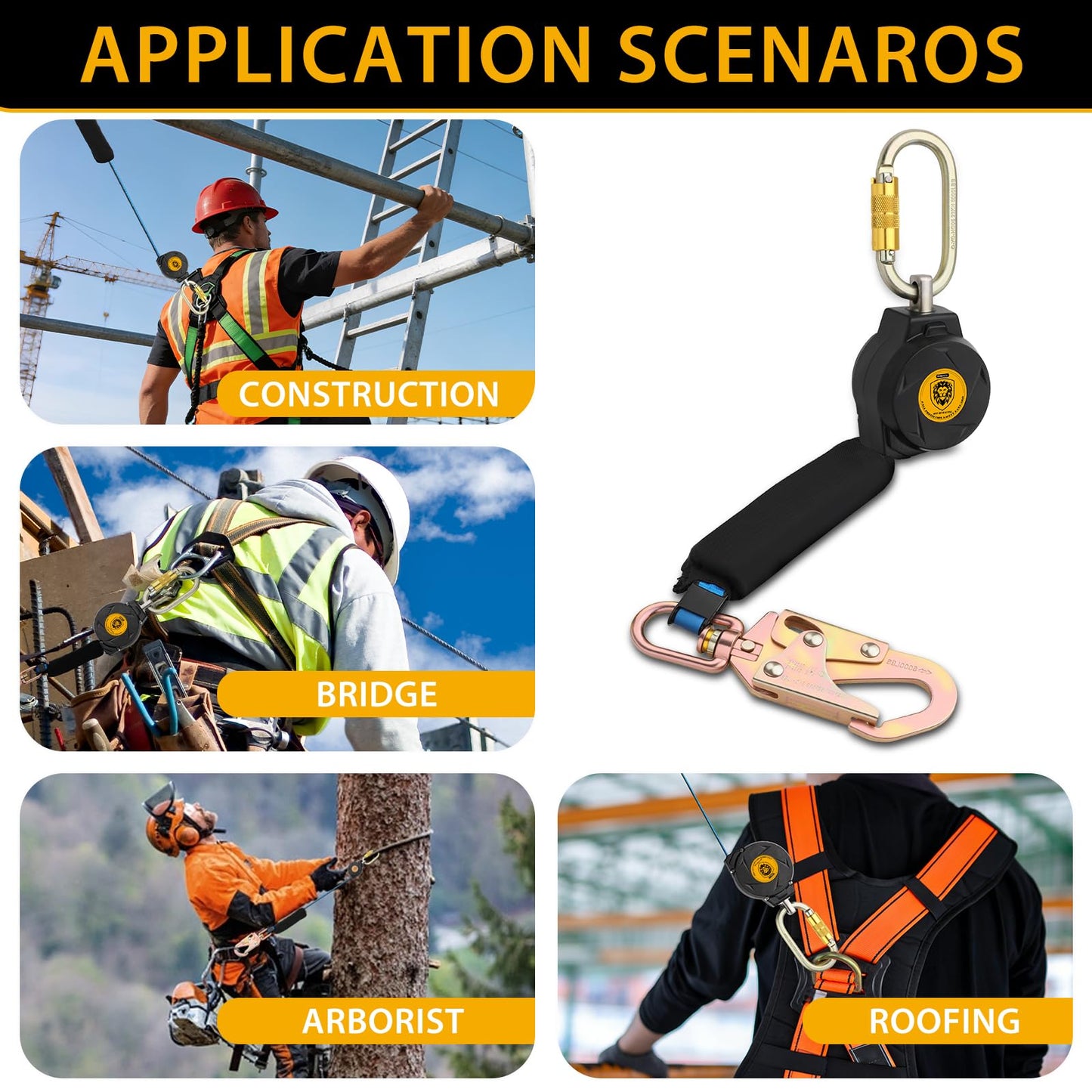 GMSXCC Fall Protection Safety Lanyard - 11FT Self Retracting Fall Arrest Lifeline Roofing Construction Gear OSHA/ANSI Compliant