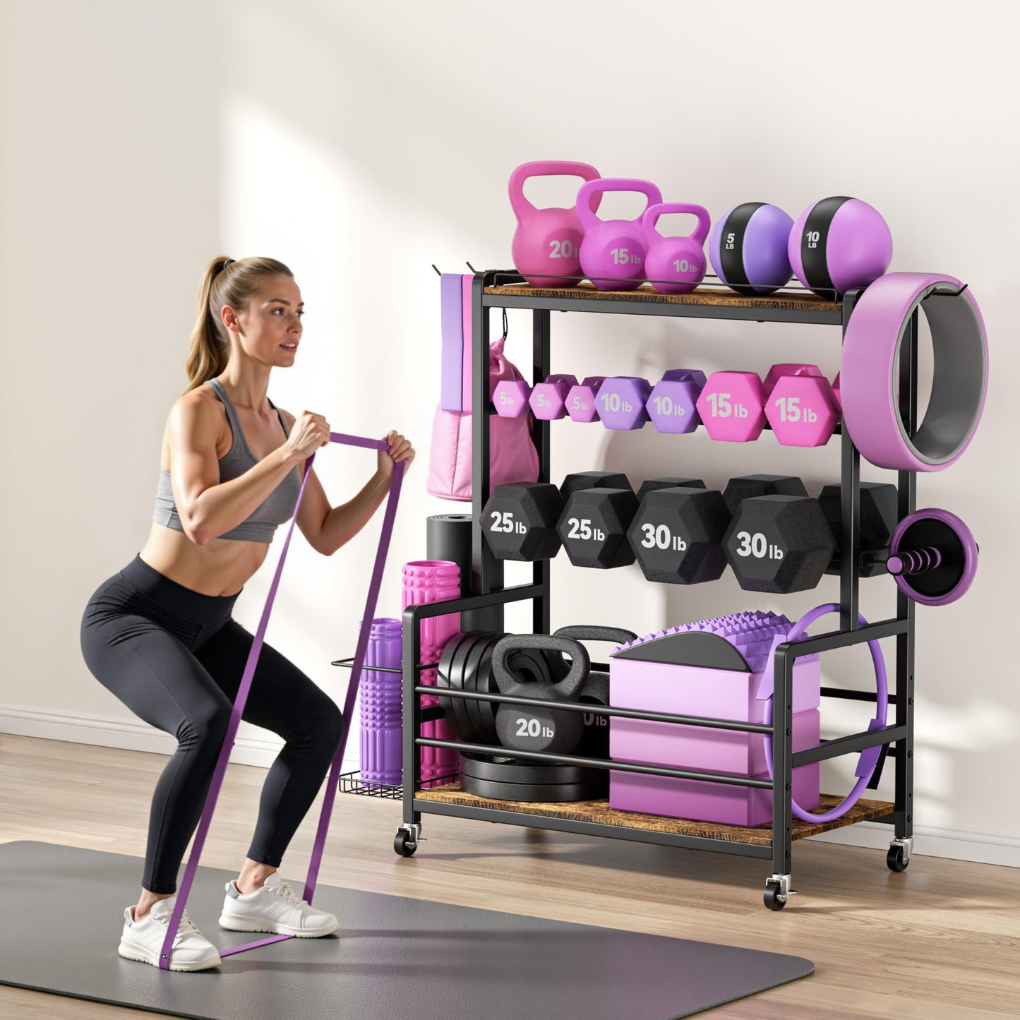 Dumbbell Rack with Wheels, 3-Tier Home Gym Storage Rack, Workout Equipment Organizer with Lockable Casters, Hooks, Side Basket and Wood Shelves