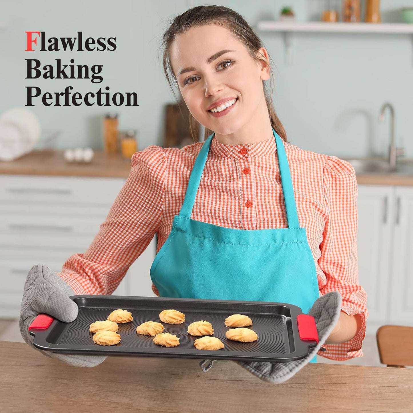 Skiennix Nonstick Baking Sheet - 16x11in Cookie Sheet with Circle Grooves & Red Grips | PFAS/PTFE Free, Gray
